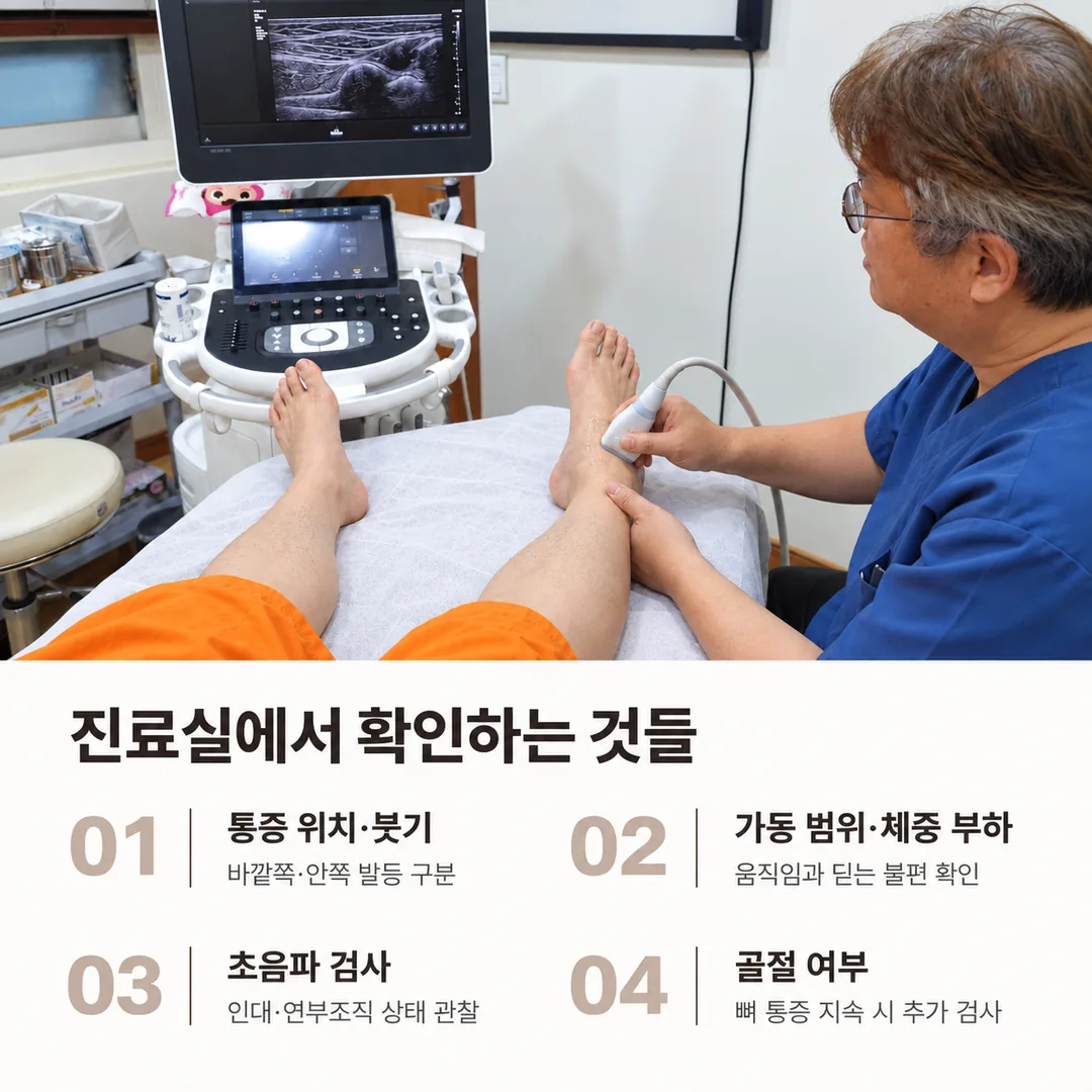 초음파로 발목 인대를 관찰하는 진료 장면과, 통증 위치·붓기·가동범위·체중 부하를 확인하고 뼈 통증이 남아 있으면 골절 여부를 추가로 확인한다는 네 가지 점검 항목을 정리한 카드