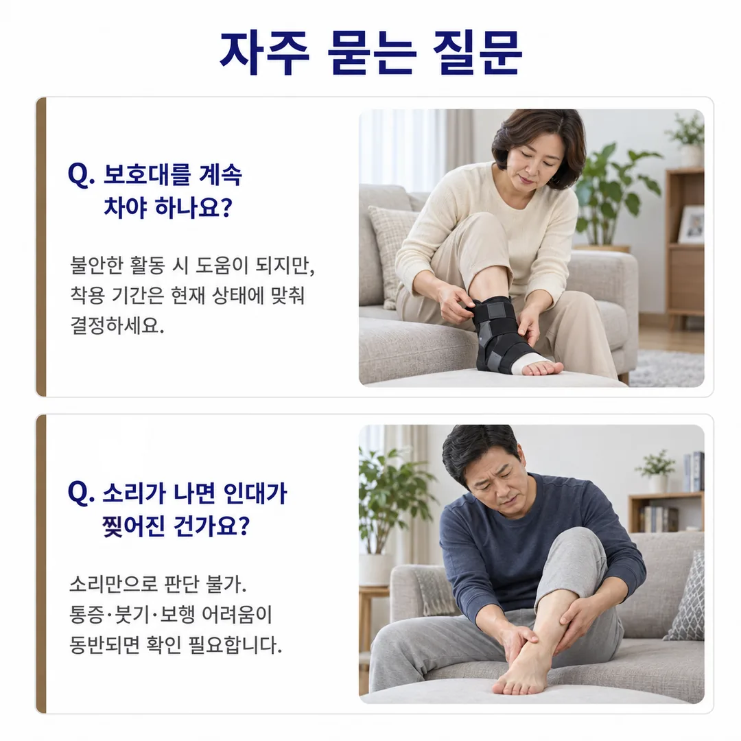 발목 보호대를 계속 차야 하는지, 발목에서 소리가 나면 인대가 다시 찢어진 것인지를 다룬 자주 묻는 질문 카드