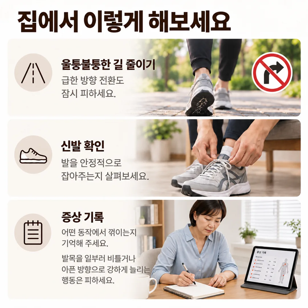 울퉁불퉁한 길과 급한 방향 전환 줄이기, 발을 안정적으로 잡아주는 신발 확인하기, 어떤 동작에서 꺾이는지 증상 기록하기라는 집에서 지킬 세 가지 수칙을 정리한 카드