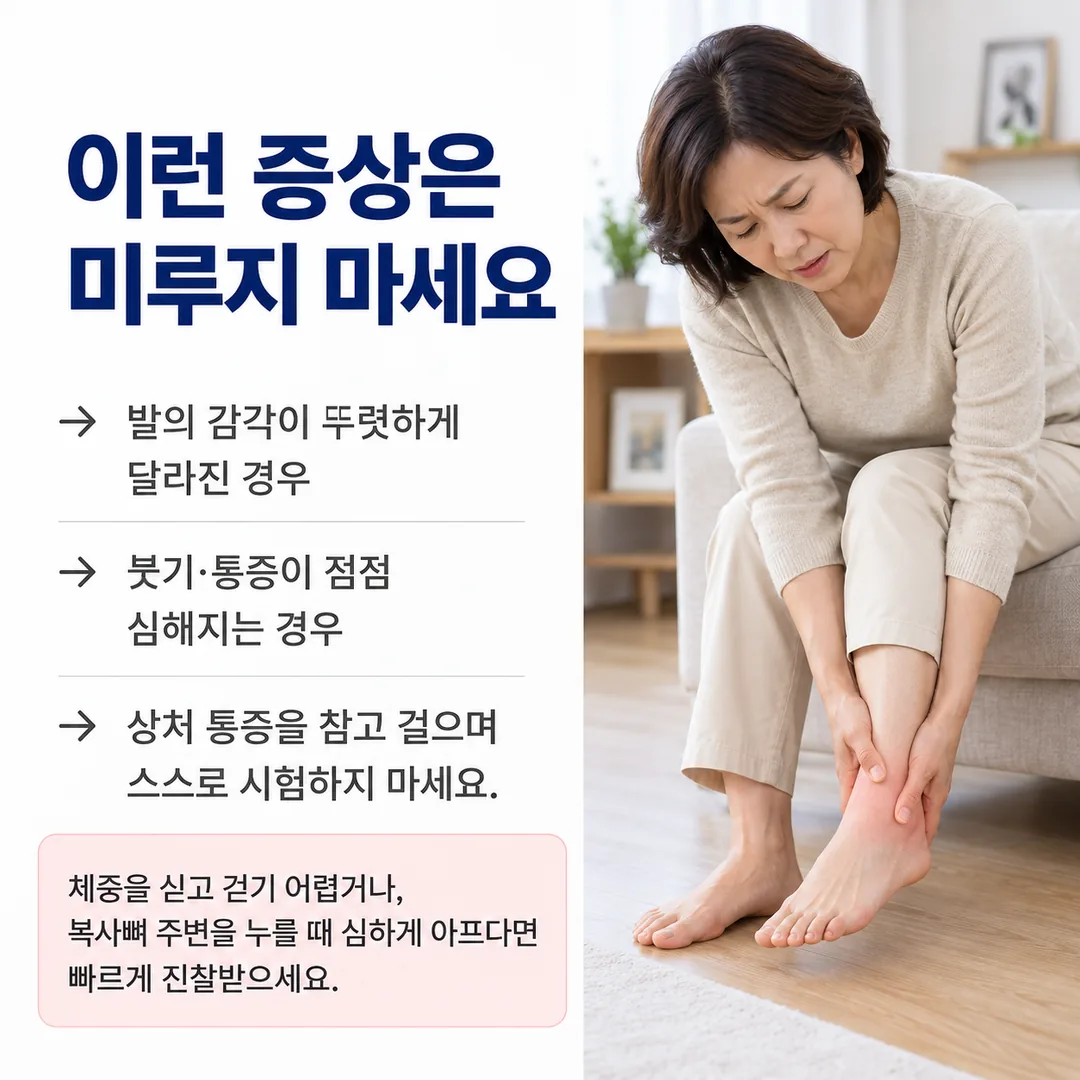 발의 감각이 뚜렷하게 달라진 경우, 붓기·통증이 점점 심해지는 경우, 상처 통증을 참고 걸으며 스스로 시험하지 말아야 한다는 세 가지 미루면 안 되는 신호를 정리한 카드