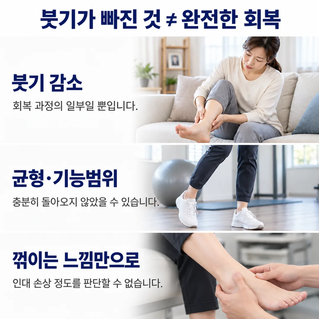 소파에서 발목을 살피는 모습, 균형 운동을 하는 다리, 발과 발목을 맨손으로 눌러 확인하는 모습으로 붓기 감소는 회복 과정의 일부일 뿐이고 균형·가동범위가 충분히 돌아오지 않았을 수 있다는 내용을 정리한 카드