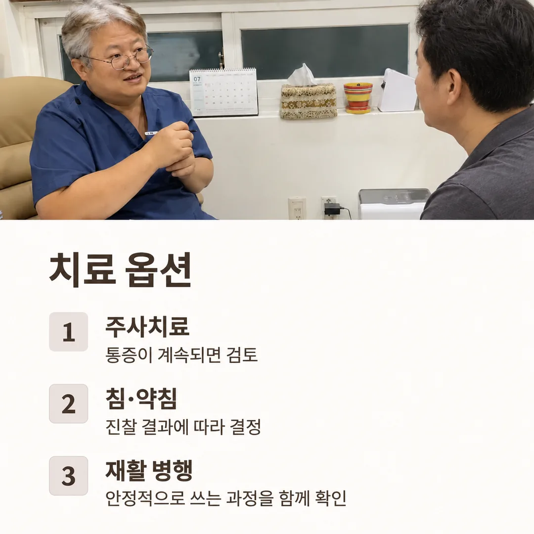 진료실에서 환자와 치료 방향을 상담하는 안준석 대표원장의 모습과, 통증이 계속되면 주사치료를 검토하고 진찰 결과에 따라 침·약침을 결정하며 재활을 병행한다는 치료 옵션 세 가지를 정리한 카드