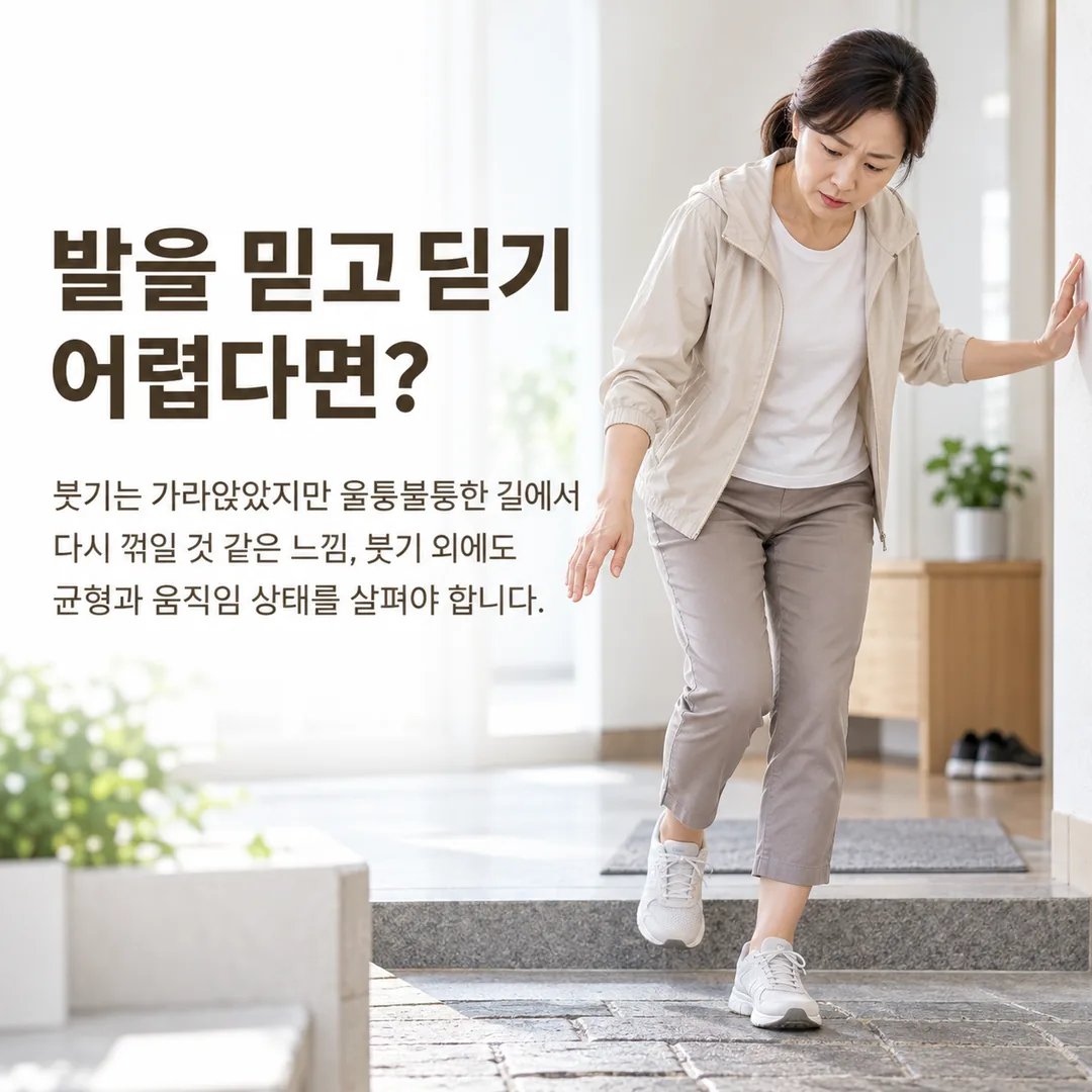 벽을 짚으며 조심스럽게 발을 내딛는 여성의 모습과, 붓기는 가라앉았지만 울퉁불퉁한 길에서 다시 꺾일 것 같은 느낌이 들면 붓기 외에 균형과 움직임 상태도 살펴야 한다는 안내를 정리한 카드