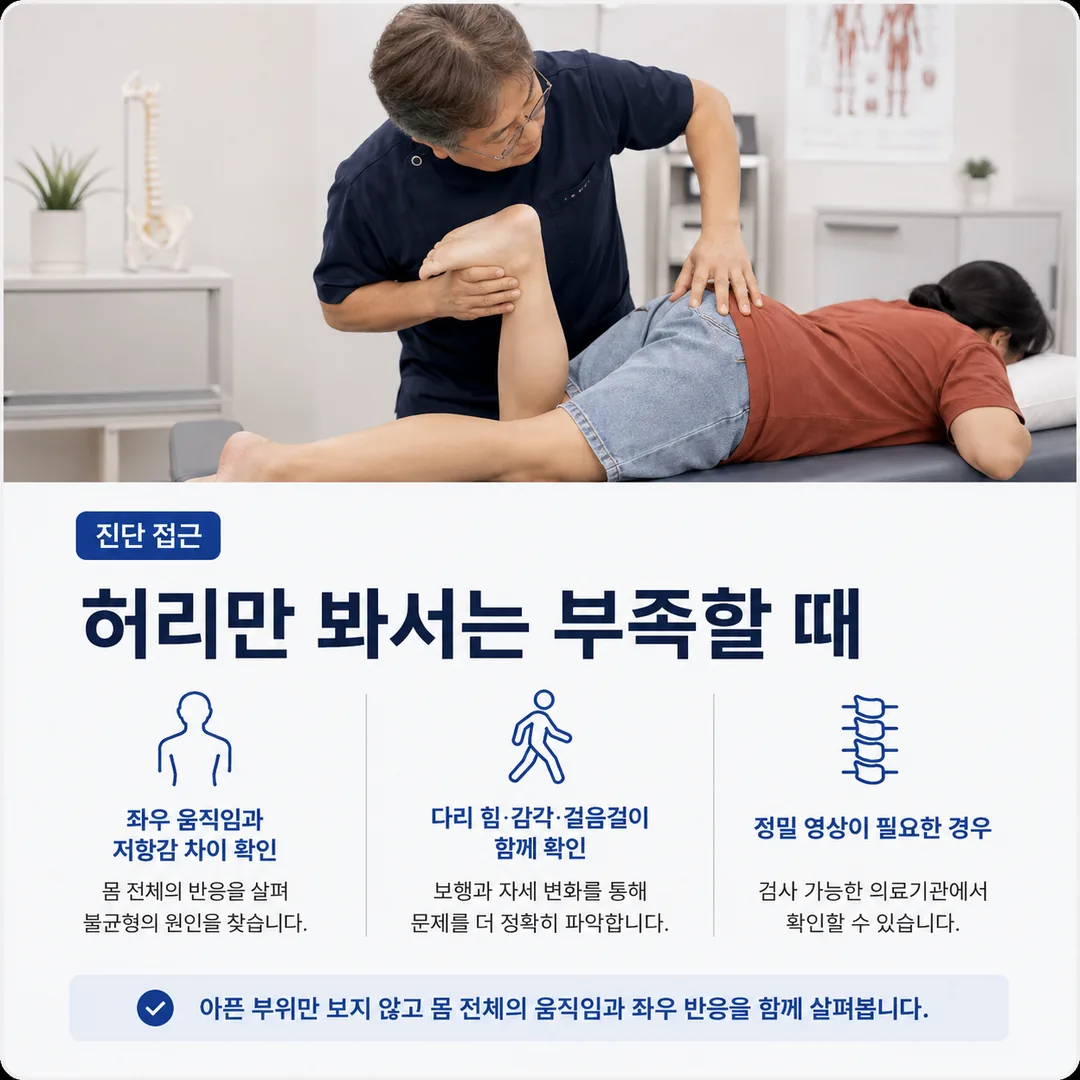엎드린 환자의 다리를 굽혀 좌우 움직임과 저항감의 차이를 확인하는 진료 장면과, 다리 힘·감각·걸음걸이를 함께 보고 정밀 영상이 필요하면 검사 가능한 의료기관에서 확인한다는 안내 카드