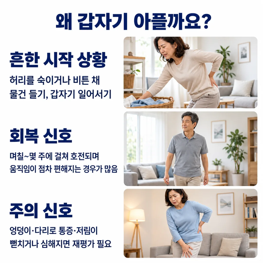허리를 숙이거나 비튼 채 물건을 드는 흔한 시작 상황, 며칠~몇 주에 걸쳐 호전되는 회복 신호, 엉덩이·다리로 통증이 뻗치면 재평가가 필요한 주의 신호를 세 장면으로 정리한 카드