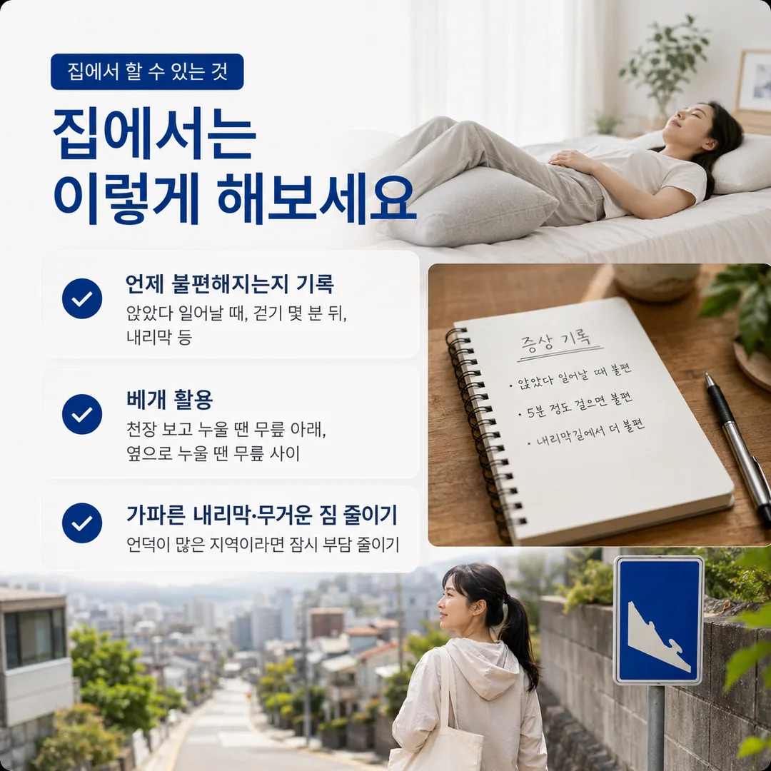 무릎 아래에 베개를 받치고 누운 모습, 앉았다 일어날 때·걷기 5분 뒤·내리막에서 불편한 때를 적은 증상 기록 노트, 경사진 골목길을 걷는 모습으로 집에서 할 수 있는 관리를 정리한 카드