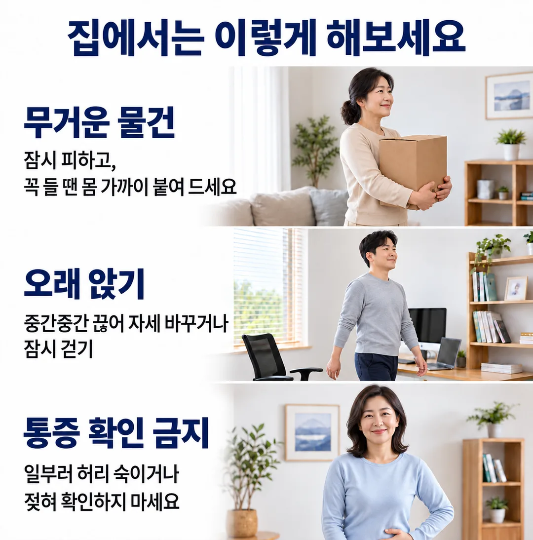 무거운 물건은 몸 가까이 붙여 들기, 오래 앉는 시간을 중간중간 끊어주기, 일부러 허리를 숙이거나 젖혀 통증을 확인하지 않기라는 집에서 지킬 세 가지 수칙을 정리한 카드