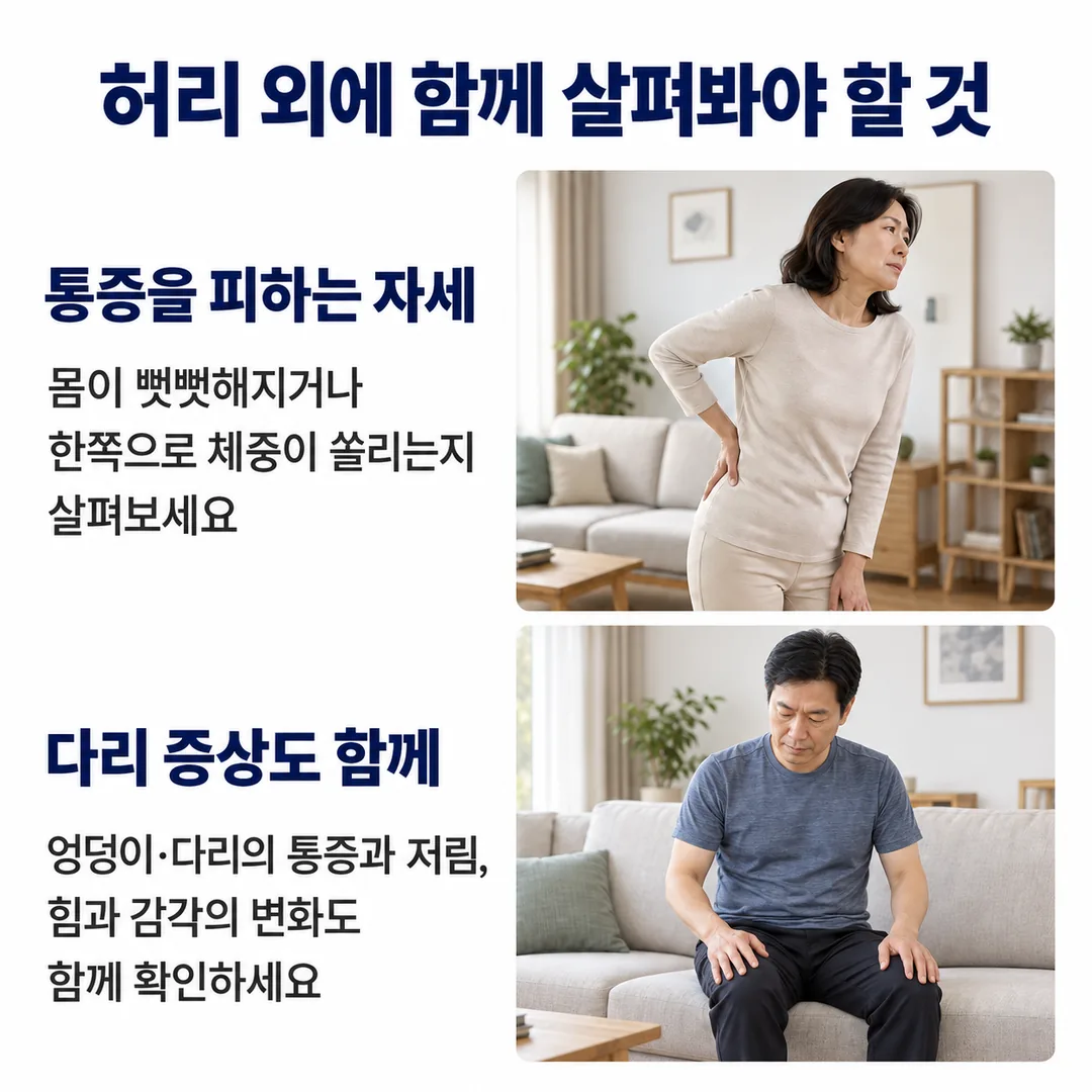 통증을 피하려고 한쪽으로 체중이 쏠리는 자세를 확인하는 모습과 엉덩이·다리의 통증·저림, 힘·감각의 변화를 함께 확인하는 모습을 보여 주는 카드