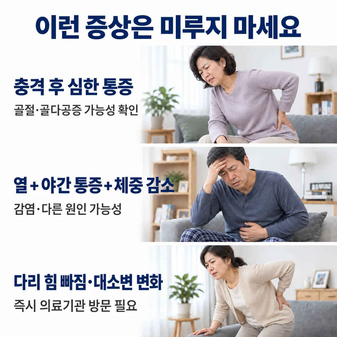 충격 후 심한 통증(골절·골다공증 가능성), 열과 야간 통증·체중 감소(감염 가능성), 다리 힘 빠짐·대소변 변화(즉시 의료기관 방문 필요)라는 세 가지 미루면 안 되는 신호를 정리한 카드