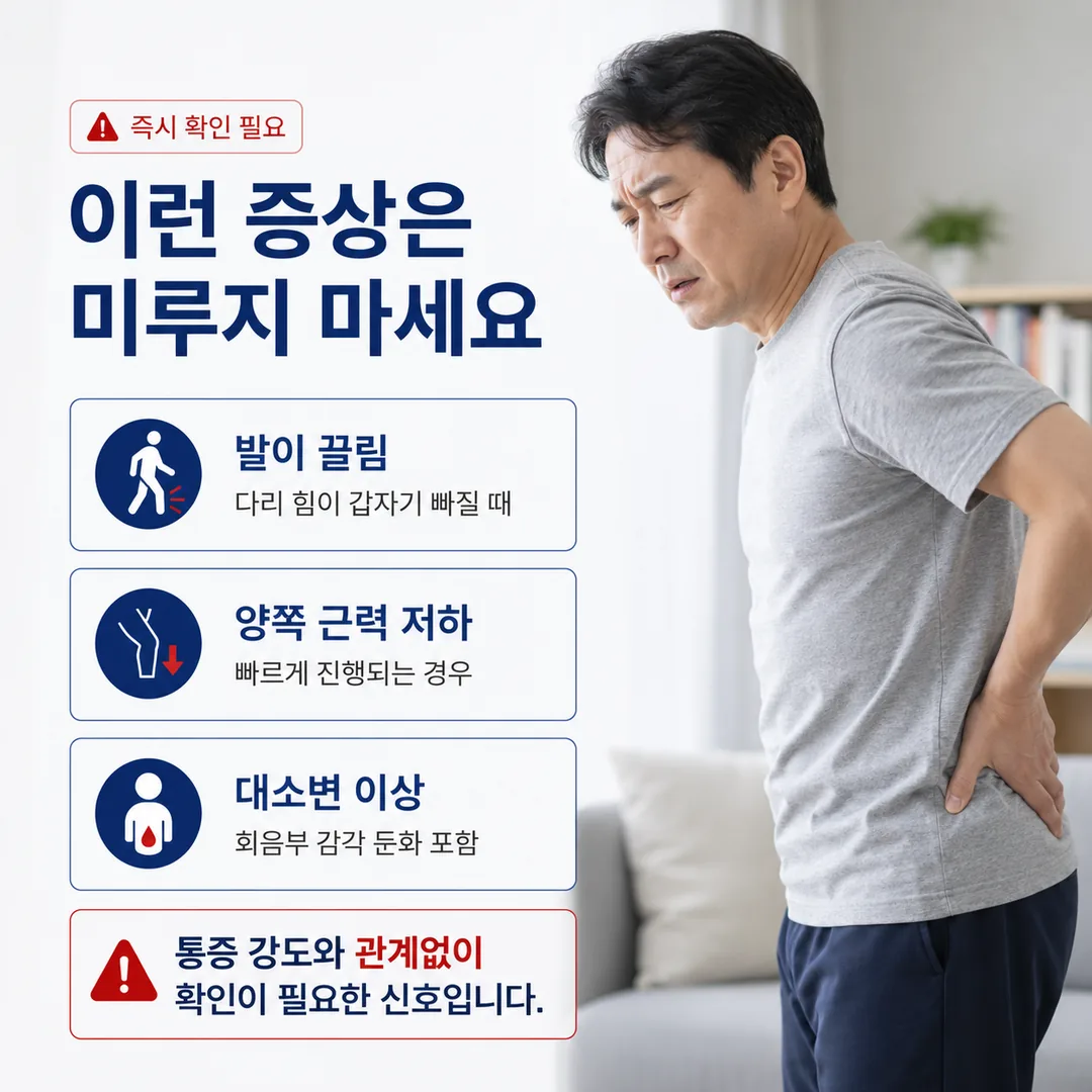 발 끌림, 양쪽 근력 저하, 대소변 이상과 회음부 감각 둔화처럼 통증 강도와 관계없이 확인이 필요한 신호를 정리한 안내 카드와 허리를 짚은 중년 남성