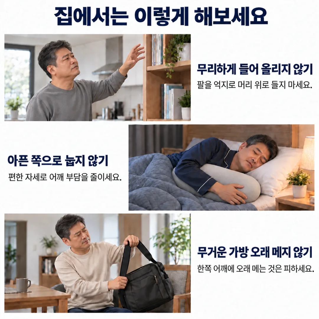 팔을 억지로 머리 위로 들어 올리지 않기, 아픈 쪽으로 눕지 않기, 무거운 가방을 한쪽 어깨에 오래 메지 않기라는 집에서 지킬 세 가지 수칙을 정리한 카드