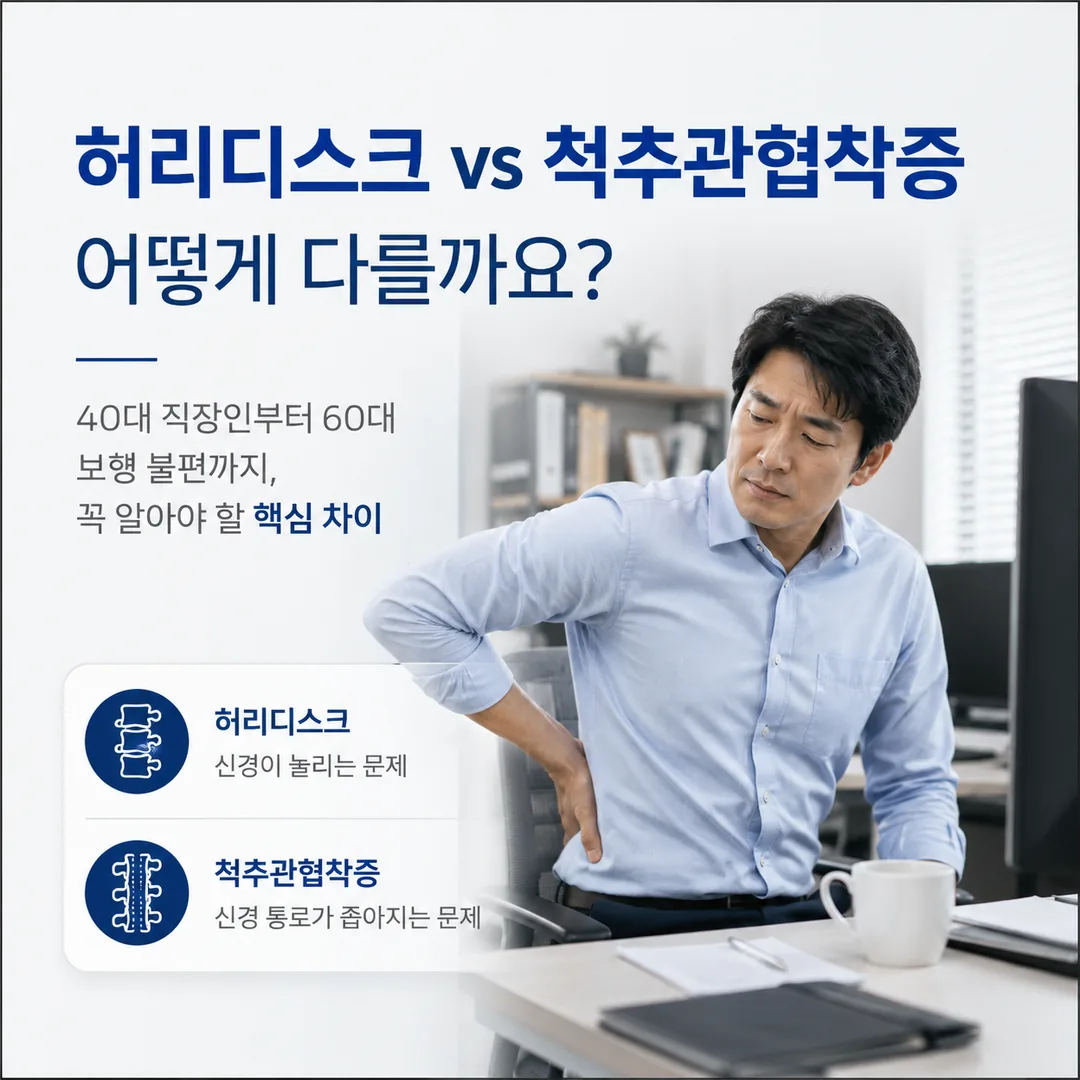허리디스크는 신경이 눌리는 문제이고 척추관협착증은 신경이 지나는 통로가 좁아지는 문제라는 차이를 요약한 안내 카드