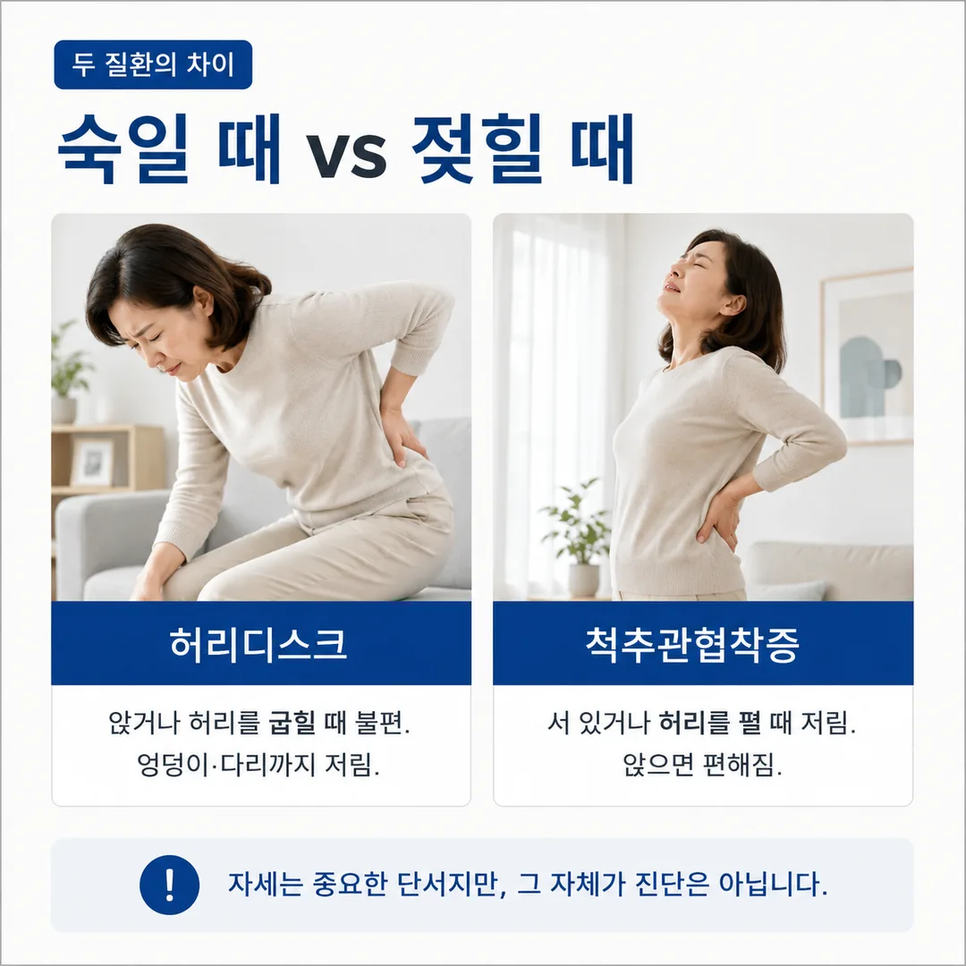 앉거나 허리를 굽힐 때 불편하고 엉덩이·다리까지 저리면 허리디스크, 서 있거나 허리를 펼 때 저리고 앉으면 편해지면 척추관협착증이라는 자세별 차이를 두 여성의 모습으로 비교한 그림