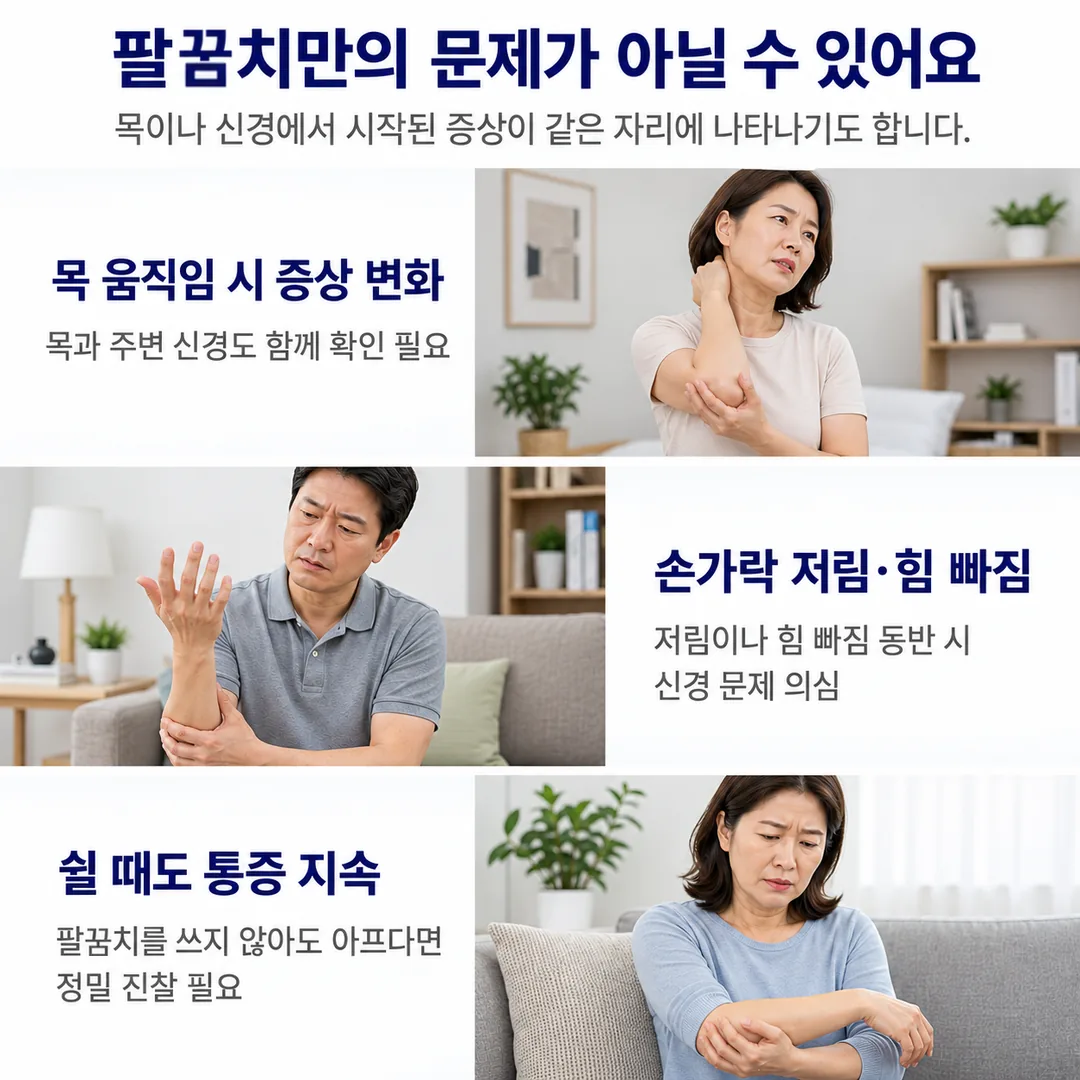 목을 움직일 때 팔꿈치 증상이 달라지는지, 손가락 저림·힘 빠짐이 동반되는지, 쉴 때도 통증이 계속되는지를 확인해야 한다는 감별 체크 카드