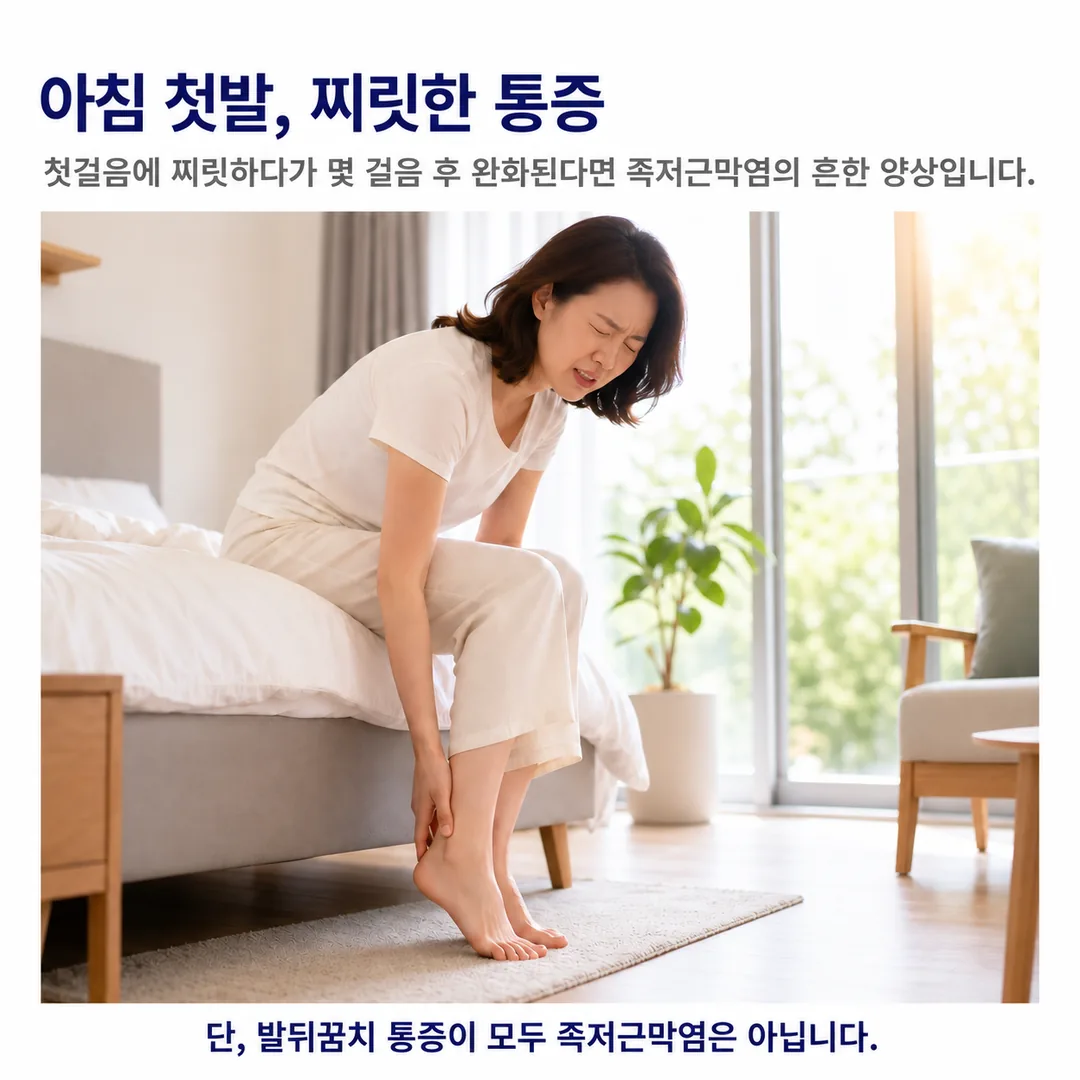 침대에 앉아 발뒤꿈치를 감싸 쥔 여성과, 첫걸음에 찌릿하다가 몇 걸음 뒤 나아지면 족저근막염의 흔한 양상이지만 발뒤꿈치 통증이 모두 족저근막염은 아니라는 안내 카드