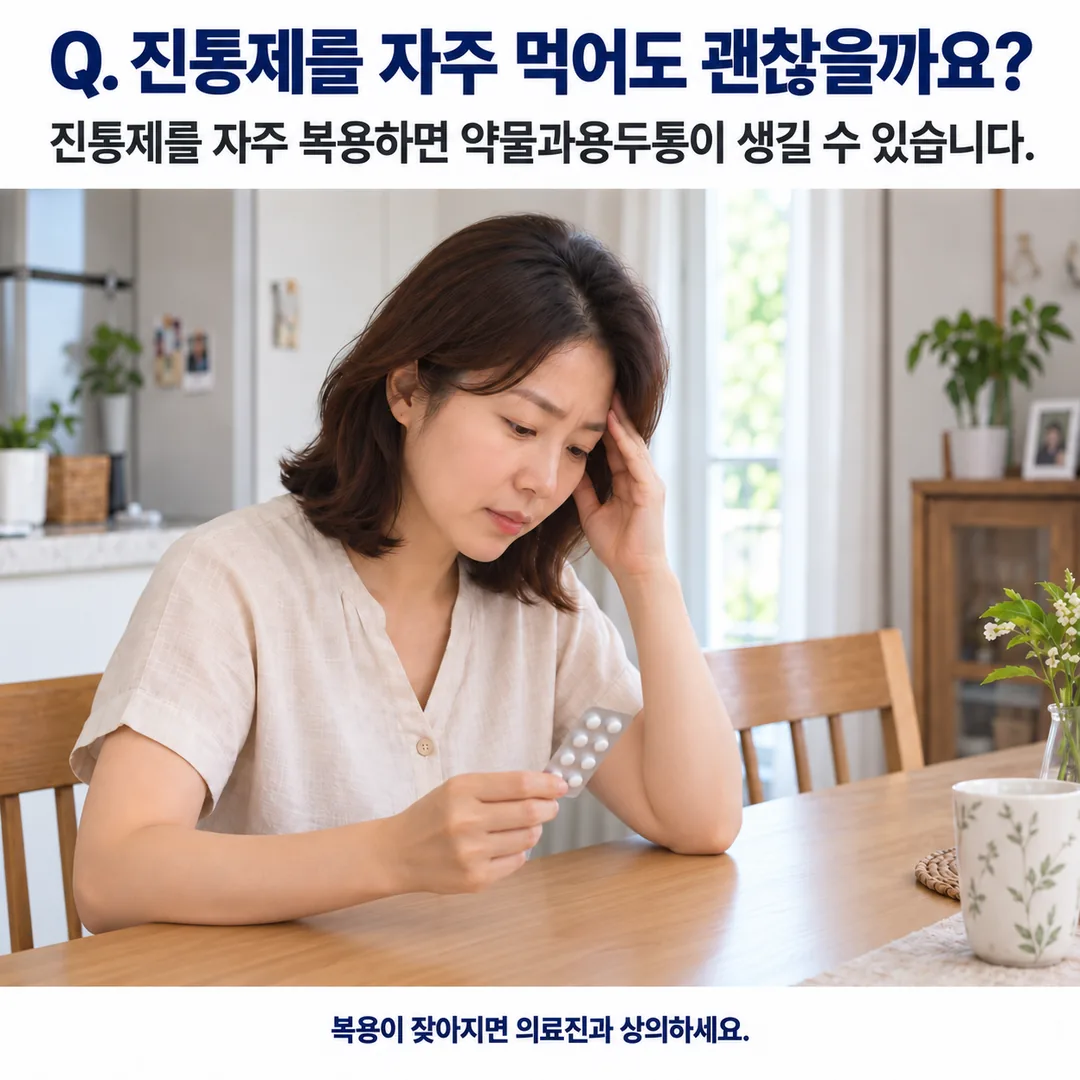 식탁에서 한 손으로 머리를 짚고 다른 손에 알약 포장을 든 여성의 모습으로, 진통제를 자주 복용하면 약물과용두통이 생길 수 있으니 복용이 잦아지면 의료진과 상의하라는 안내 카드