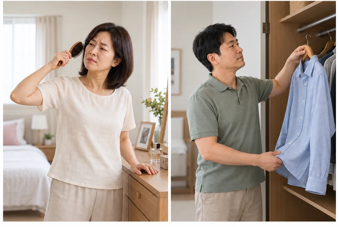거울 앞에서 머리를 빗으려 팔을 올리는 여성과 옷장에서 셔츠를 꺼내려 팔을 뻗는 남성의 모습으로, 머리 빗기와 옷 꺼내기 같은 일상 동작이 어려워지는 오십견의 경과를 보여 주는 사진