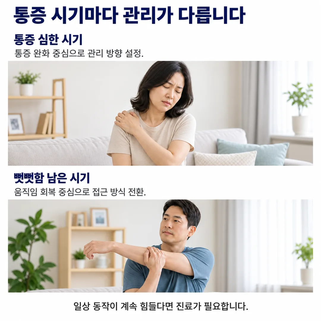 어깨를 감싸 쥐고 통증을 느끼는 통증 심한 시기에는 통증 완화 중심으로, 팔을 반대 손으로 잡아 늘이는 뻣뻣함 남은 시기에는 움직임 회복 중심으로 관리 방향이 달라진다는 안내 카드