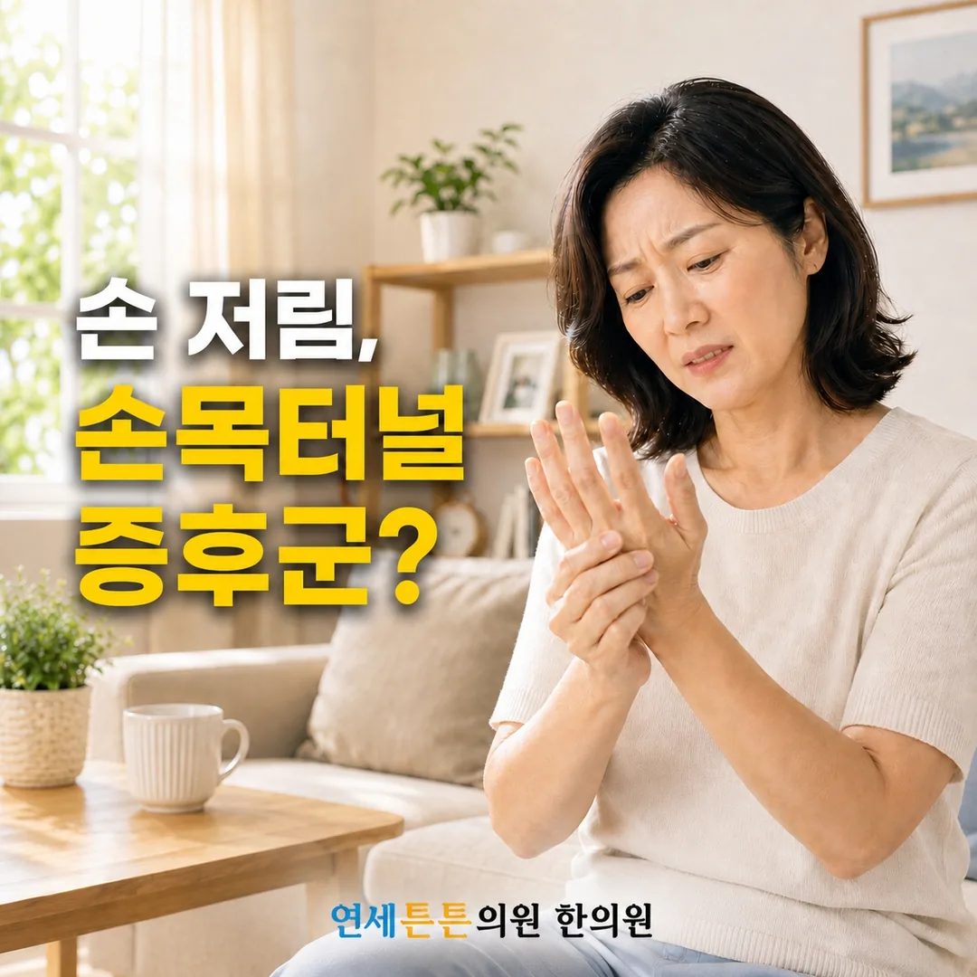 거실에서 한 손으로 반대쪽 손과 손목을 감싸 쥐고 찡그린 표정의 중년 여성과 손 저림이 손목터널증후군인지 묻는 봉천동 연세튼튼의원 한의원 건강정보 안내 카드