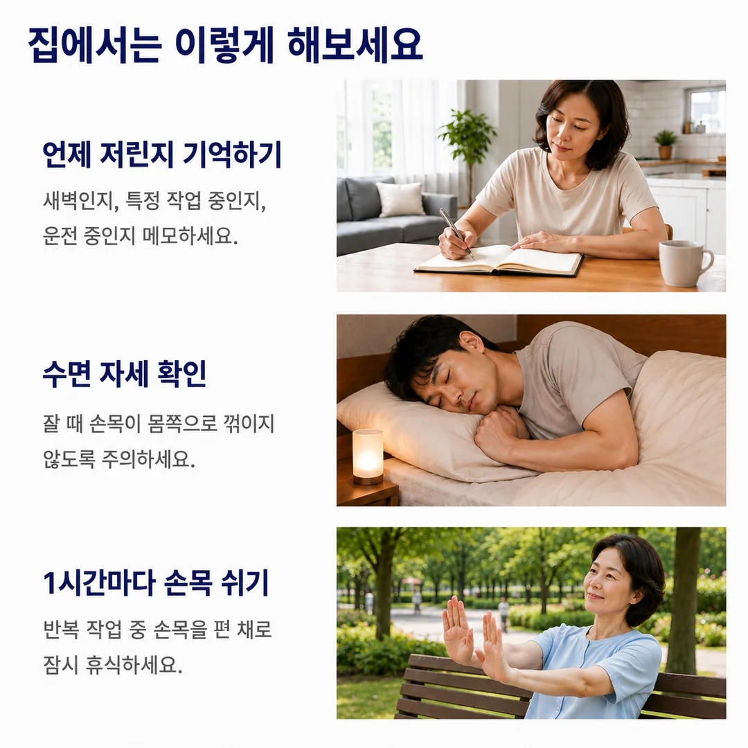 식탁에서 저린 때를 수첩에 기록하는 여성, 손목이 몸쪽으로 꺾이지 않게 누워 자는 남성, 공원 벤치에서 1시간마다 손목을 편 채 쉬는 여성의 모습으로 집에서 할 수 있는 세 가지를 정리한 카드