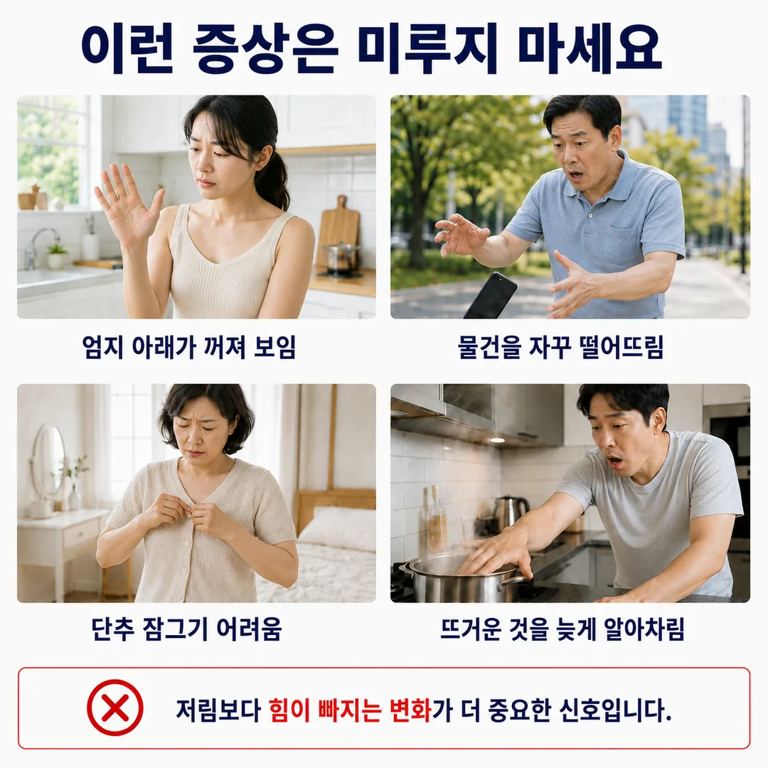 엄지 아래가 꺼져 보임, 물건을 자꾸 떨어뜨림, 단추 잠그기 어려움, 뜨거운 것을 늦게 알아차림 등 손 저림과 함께 확인을 미루면 안 되는 네 가지 신호를 정리한 카드