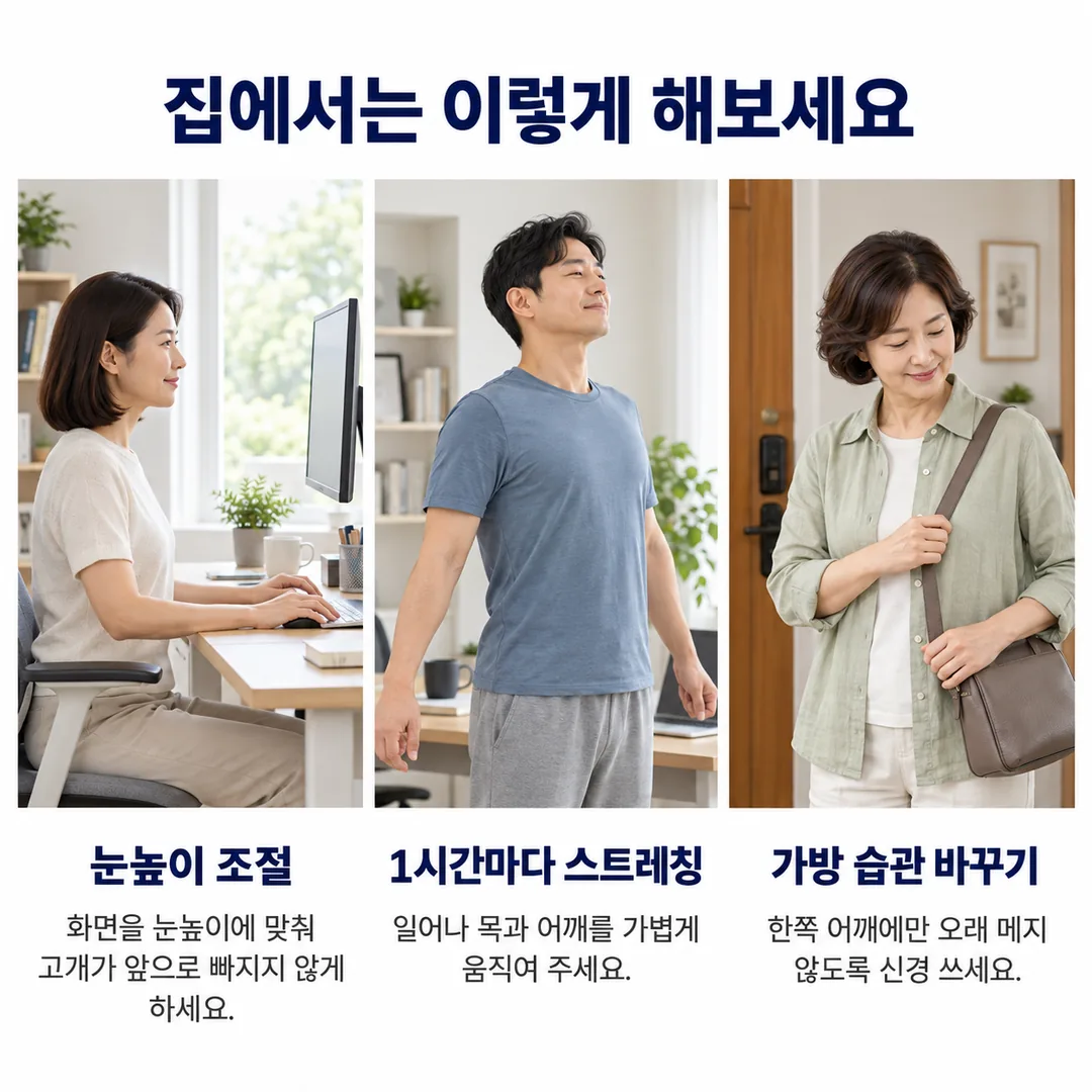 모니터를 눈높이에 맞춰 앉은 여성, 일어나 목과 어깨를 가볍게 움직이는 남성, 가방을 한쪽 어깨에만 오래 메지 않도록 신경 쓰는 여성의 모습으로 집에서 할 수 있는 세 가지를 정리한 카드