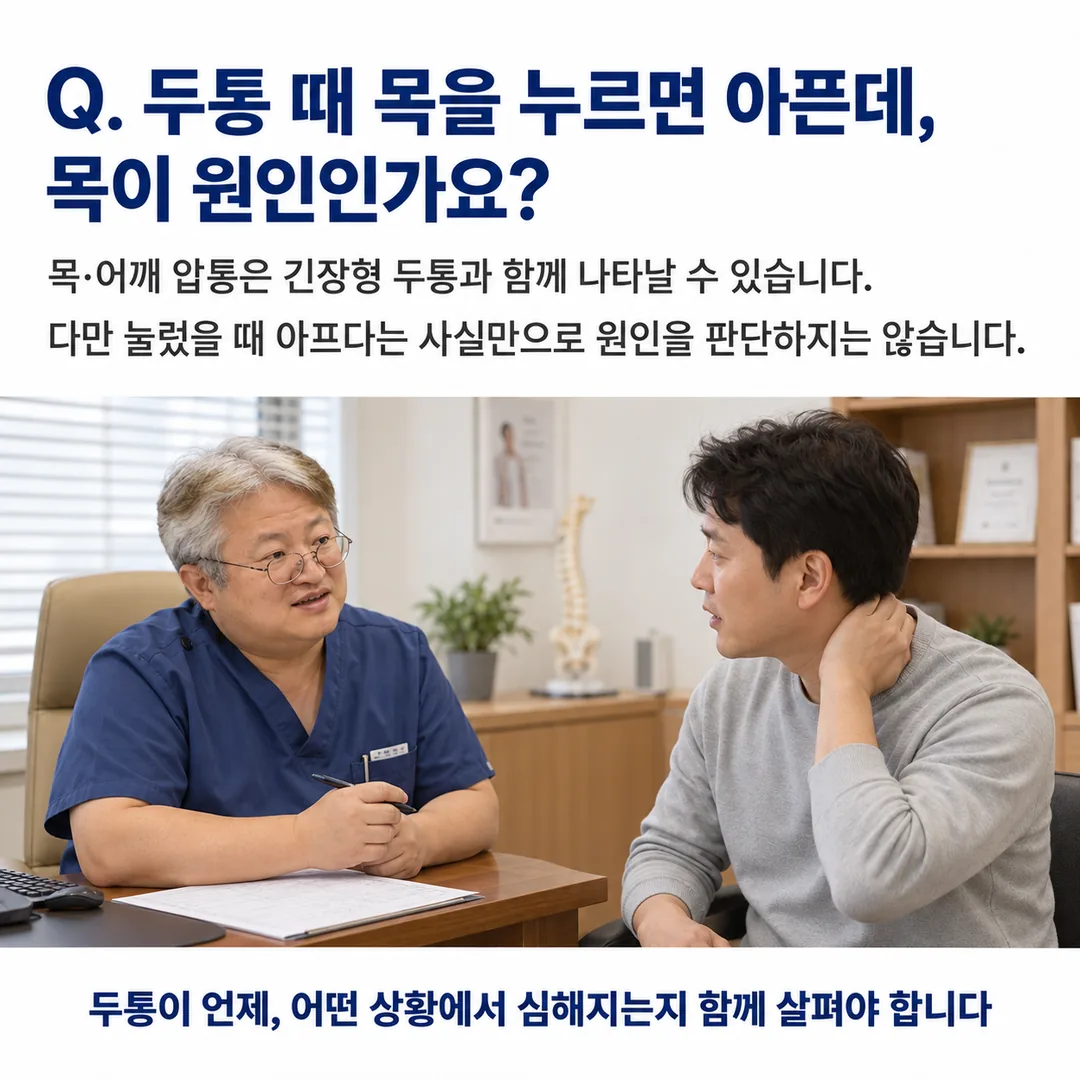 진료실에서 뒷목을 잡은 환자와 대화하는 대표원장의 모습으로, 두통 때 목을 누르면 아프더라도 그것만으로 원인을 판단하지 않고 두통이 언제 어떤 상황에서 심해지는지 함께 살핀다는 안내 카드
