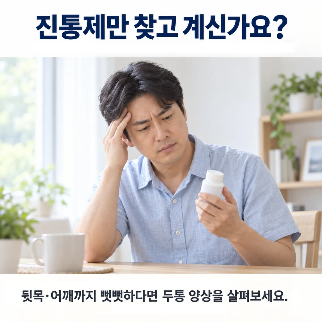 약병을 들여다보며 머리를 짚고 있는 남성과, 진통제만 찾고 있다면 뒷목과 어깨까지 뻣뻣한지 두통 양상을 살펴보라는 안내 카드