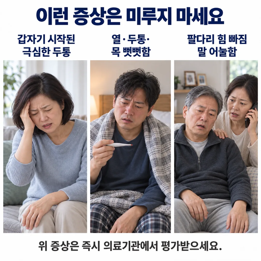 갑자기 시작된 극심한 두통, 열과 두통과 목 뻣뻣함, 팔다리 힘 빠짐과 말이 어눌해지는 증상 등 두통과 함께 즉시 의료기관에서 평가받아야 하는 세 가지 신호를 정리한 카드