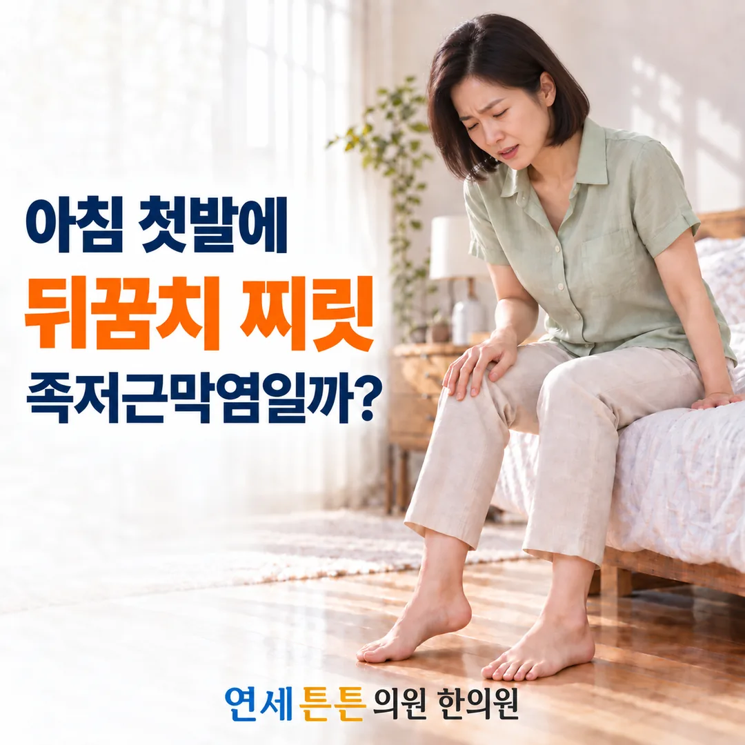 아침 침대 가장자리에 앉아 발뒤꿈치 쪽을 살피며 찡그린 표정의 중년 여성과 아침 첫발에 뒤꿈치가 찌릿한 것이 족저근막염인지 묻는 봉천동 연세튼튼의원 한의원 건강정보 안내 카드