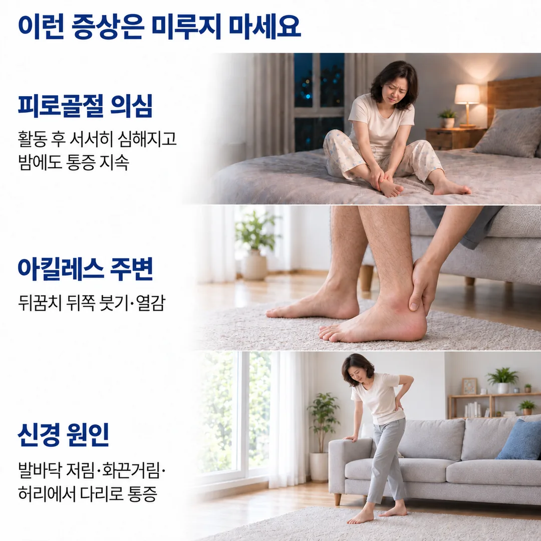 활동 후 서서히 심해지고 밤에도 이어지는 통증, 뒤꿈치 뒤쪽 붓기와 열감, 발바닥 저림과 화끈거림 및 허리에서 다리로 이어지는 통증 등 발뒤꿈치 통증과 함께 확인을 미루면 안 되는 신호를 정리한 카드