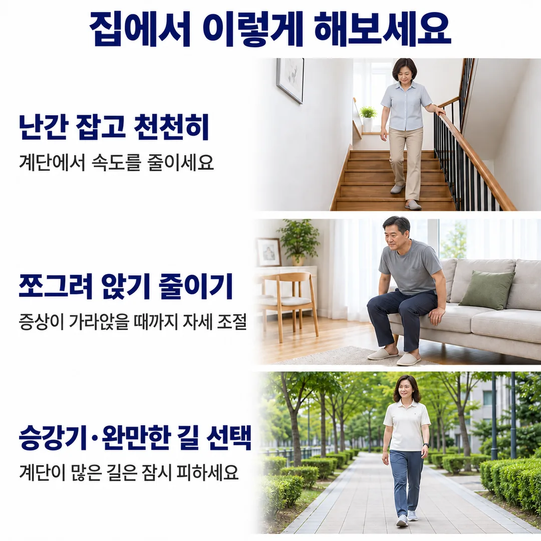 계단에서 난간을 잡고 천천히 내려가기, 쪼그려 앉는 자세 줄이기, 계단이 많은 길에서 승강기나 완만한 길을 선택하기라는 집에서 지킬 세 가지 수칙을 정리한 카드