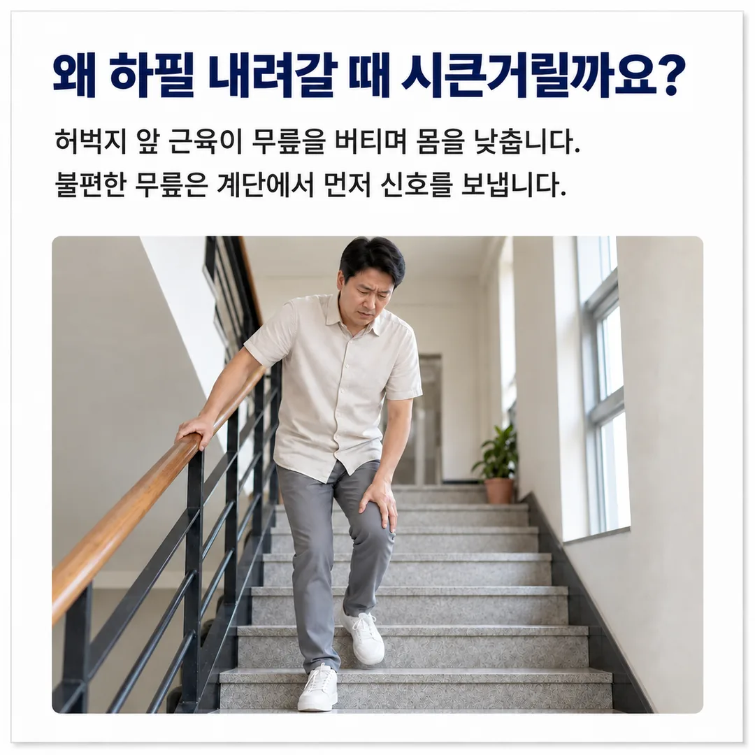계단을 내려가는 남성의 허벅지 앞쪽 근육이 무릎을 버티며 천천히 낮추는 동작을 보여 주는, 계단 내려갈 때 무릎 압력이 커지는 이유를 설명하는 카드