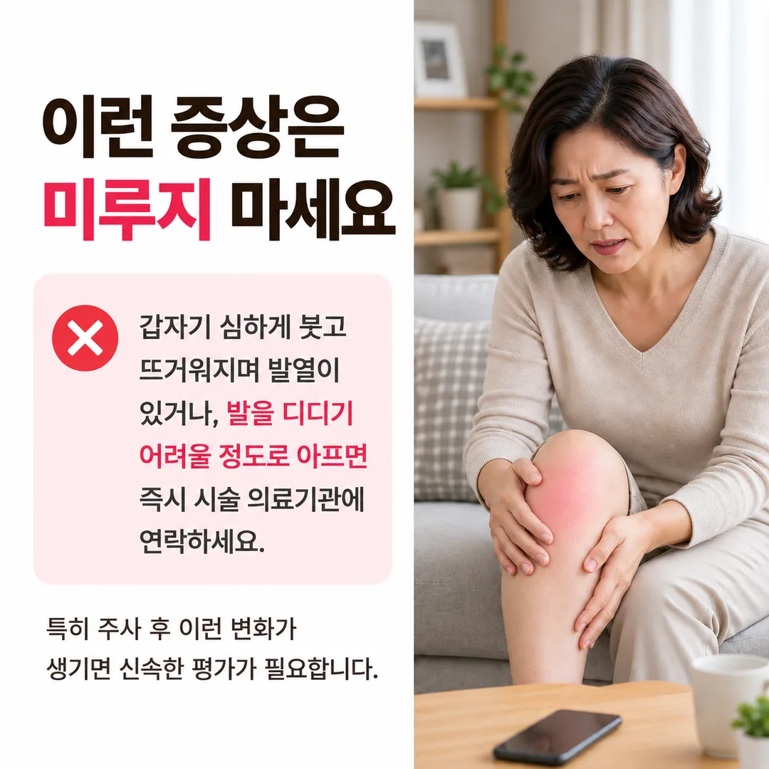 갑자기 심하게 붓고 뜨거워지며 발열이 있거나 발을 디디기 어려울 정도로 아프면 즉시 시술 의료기관에 연락해야 한다는 미루면 안 되는 증상 안내 카드
