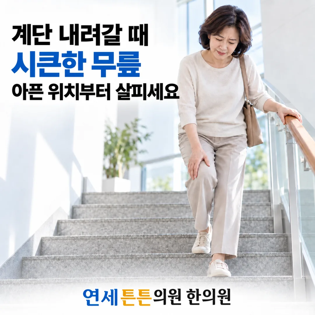 계단을 내려가며 난간을 잡고 무릎 통증을 호소하는 중년 여성의 모습과, 계단 내려갈 때 무릎이 시큰하다면 아픈 자리부터 살펴봐야 한다는 연세튼튼의원 한의원 건강정보 안내 카드
