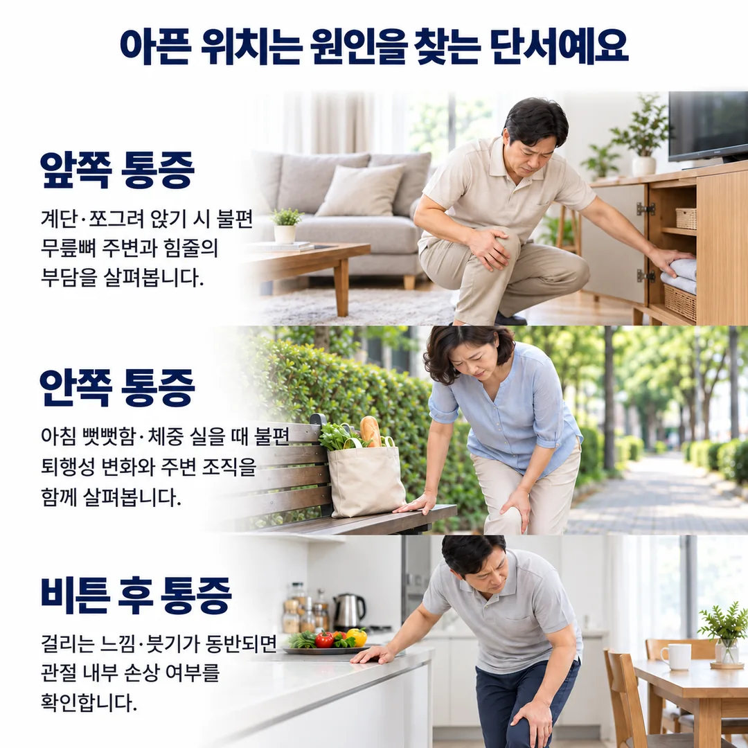 무릎뼈 앞쪽 통증, 무릎 안쪽 통증, 비튼 뒤 통증이라는 세 가지 통증 위치별 특징을 정리한 카드로, 아픈 자리가 원인을 찾는 실마리가 된다는 설명을 담고 있음