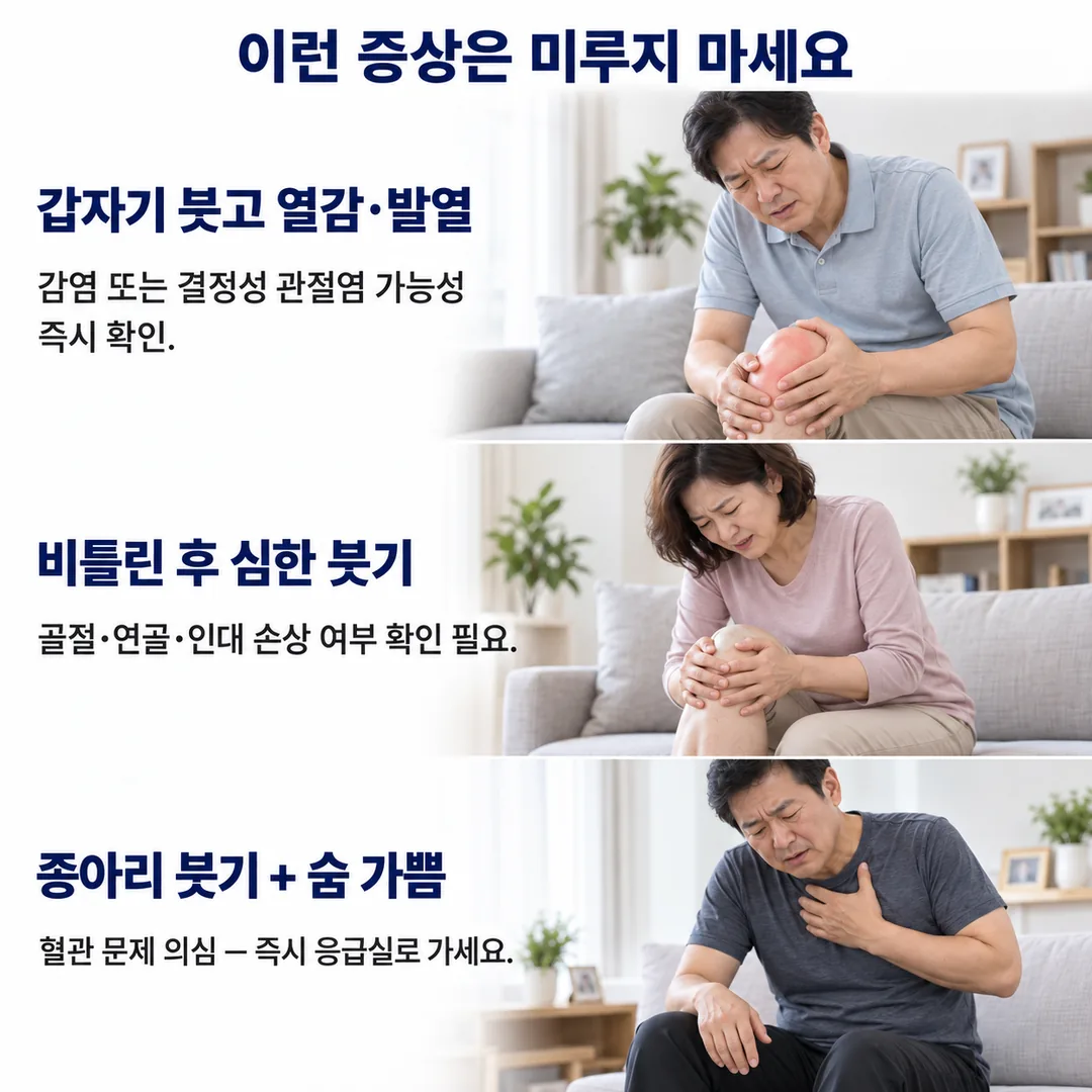 무릎이 갑자기 붓고 열감·발열이 있는 경우, 비틀린 뒤 심하게 붓는 경우, 종아리가 한쪽만 붓고 숨이 가쁜 경우처럼 미루면 안 되는 세 가지 신호를 정리한 카드