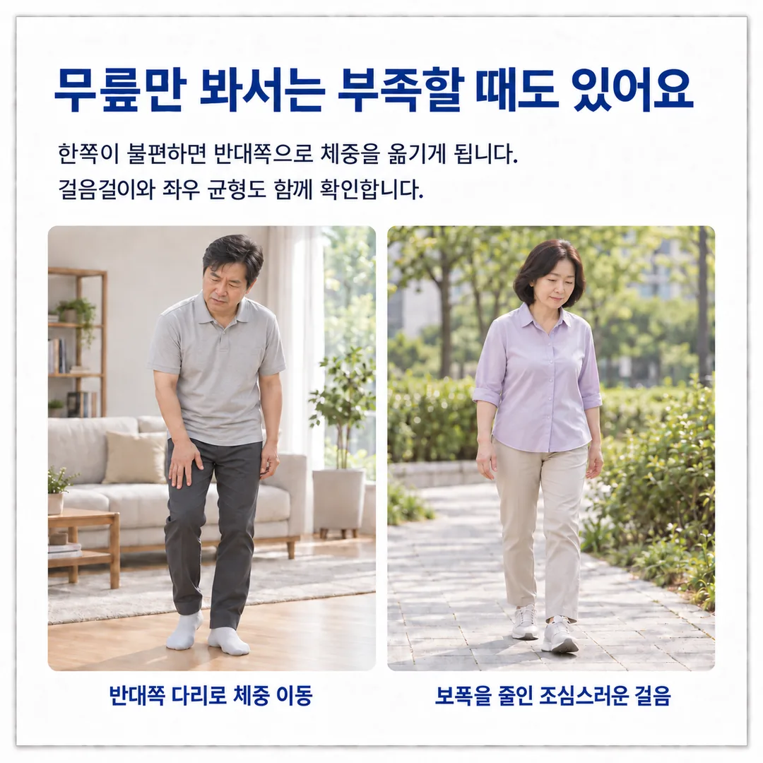 한쪽 무릎이 불편해 반대쪽 다리로 체중을 옮기는 남성과 보폭을 줄여 조심스럽게 걷는 여성의 모습으로, 무릎만 봐서는 부족할 때 걸음걸이와 균형까지 함께 확인한다는 카드