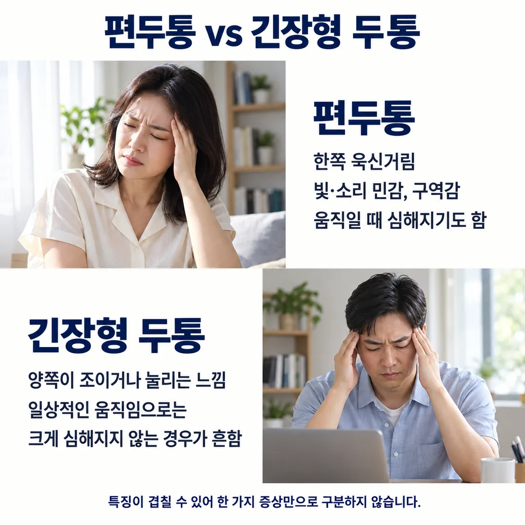 한쪽 관자놀이를 짚고 찡그린 여성은 한쪽이 욱신거리고 빛·소리에 예민한 편두통을, 양쪽 관자놀이를 누르는 남성은 양쪽이 조이거나 눌리는 긴장형 두통을 나타내며 두 유형을 나란히 비교한 카드