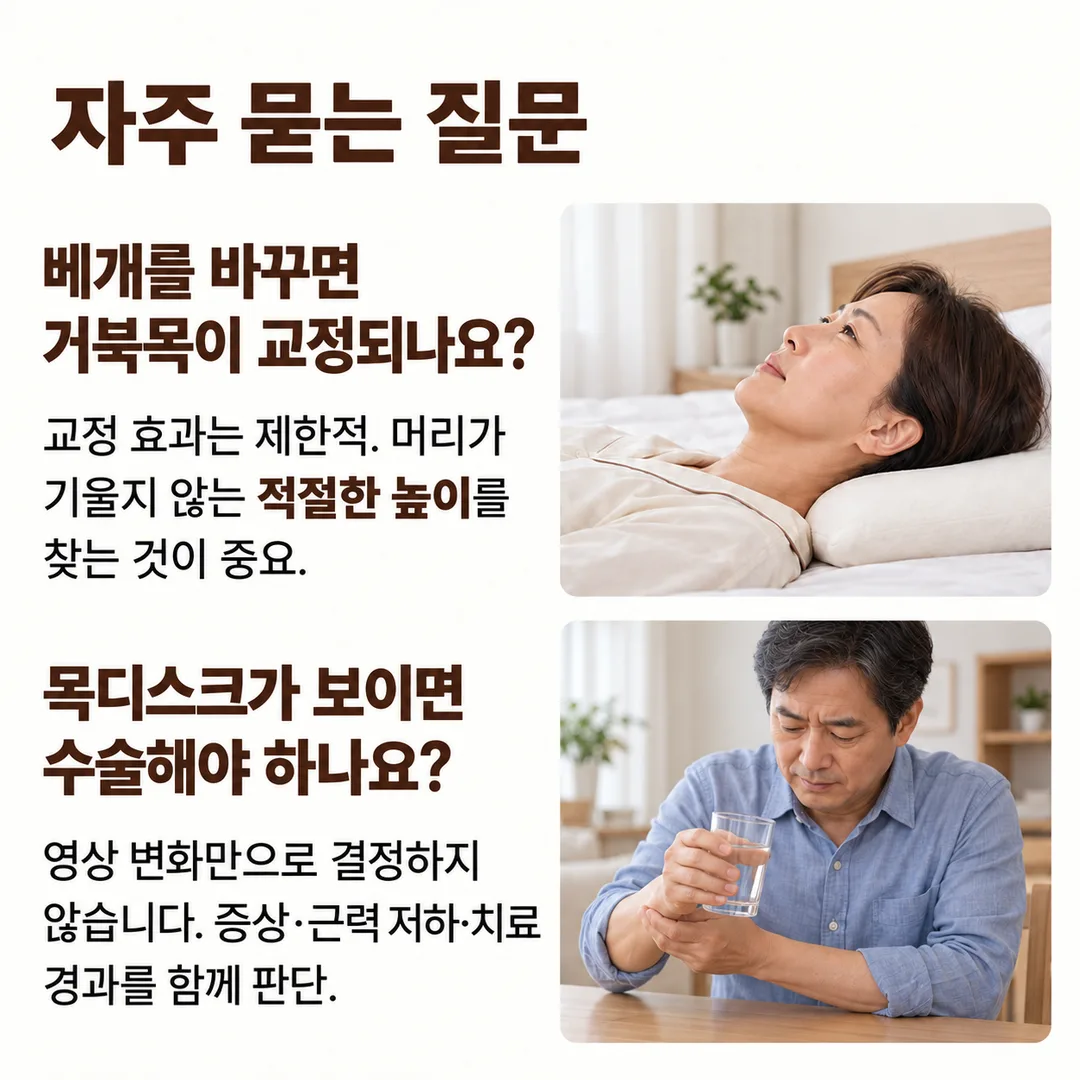 베개를 바꾸면 거북목이 교정되는지, 검사에서 목디스크가 보이면 수술해야 하는지를 다룬 자주 묻는 질문 카드
