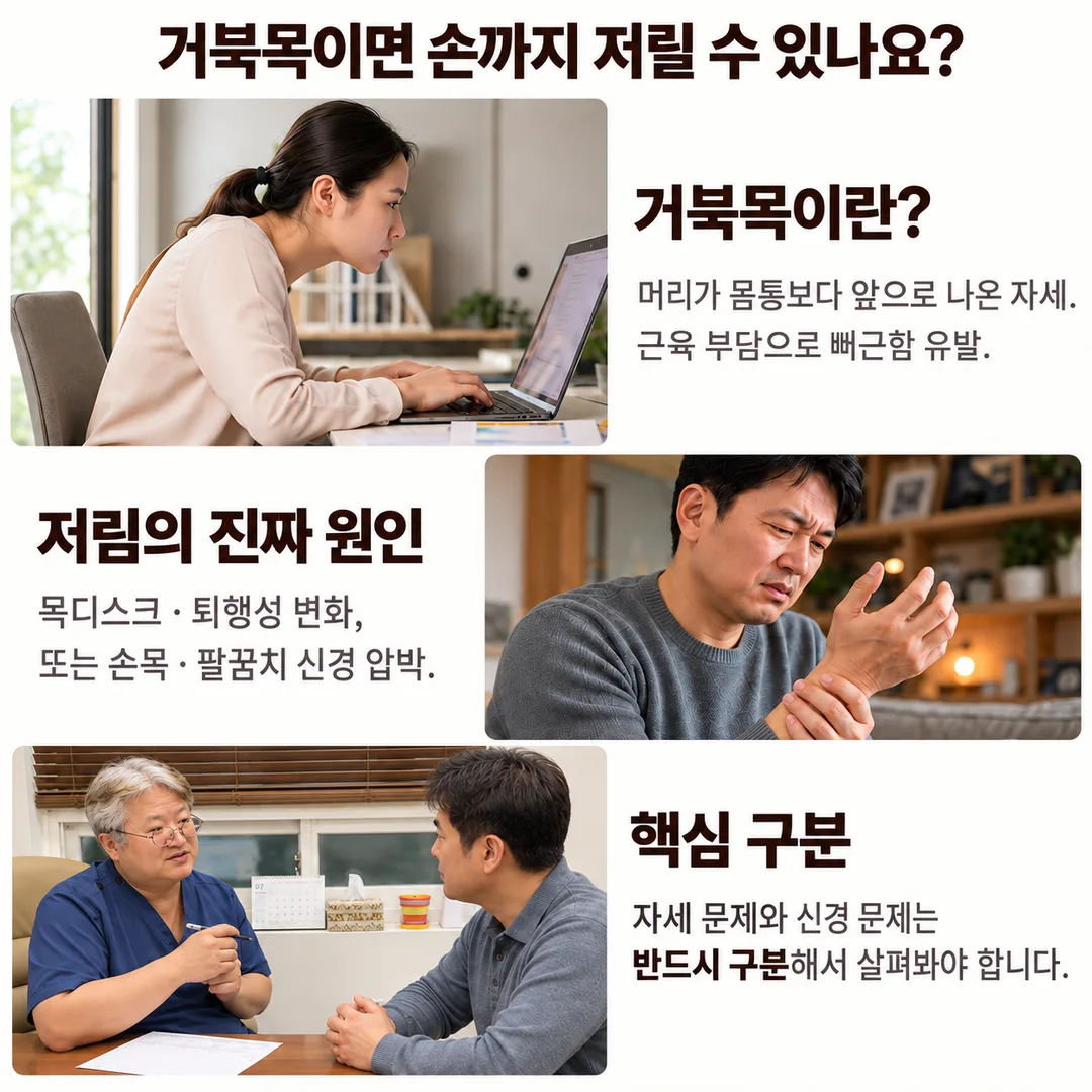 노트북을 보는 자세, 손저림을 살피는 모습, 상담하는 모습으로 거북목의 정의, 저림의 진짜 원인(목디스크·손목팔꿈치 신경압박), 자세 문제와 신경 문제는 반드시 구분해야 한다는 핵심을 정리한 카드
