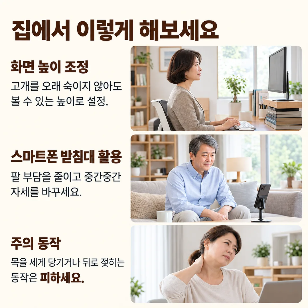 화면 높이 조정, 스마트폰 받침대 활용, 목을 세게 당기거나 젖히는 동작 피하기라는 집에서 지킬 세 가지 수칙을 정리한 카드