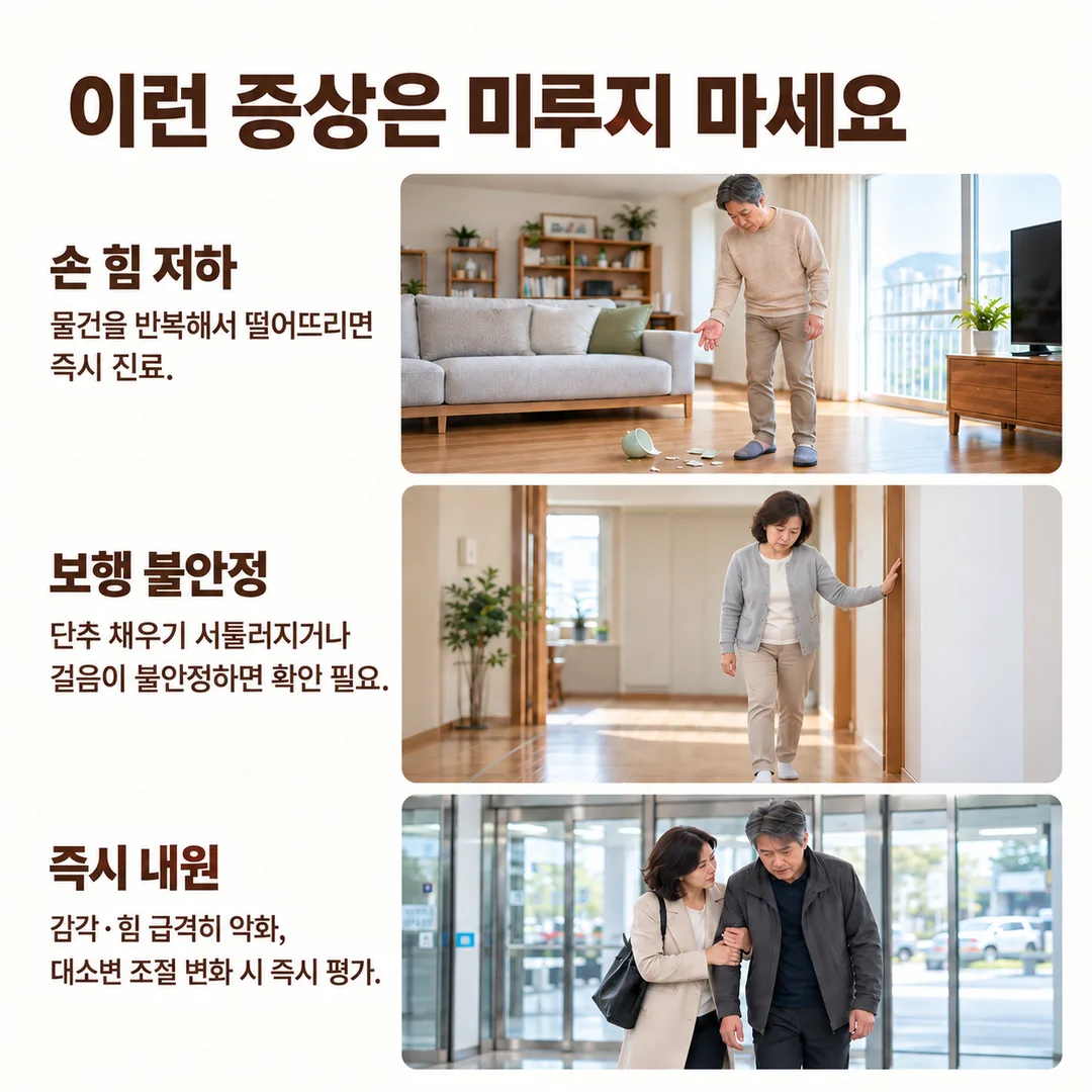 물건을 반복해서 떨어뜨리는 손 힘 저하, 단추 채우기가 서툴러지는 보행 불안정, 감각·힘이 급격히 나빠지면 즉시 내원해야 한다는 세 가지 미루면 안 되는 신호를 정리한 카드