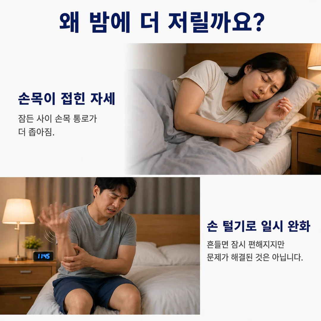 잠든 사이 손목이 접힌 채 누워 저림을 느끼는 여성과, 새벽에 침대에 앉아 저린 손을 흔들어 털며 잠시 편해지지만 문제가 해결된 것은 아니라는 설명 카드