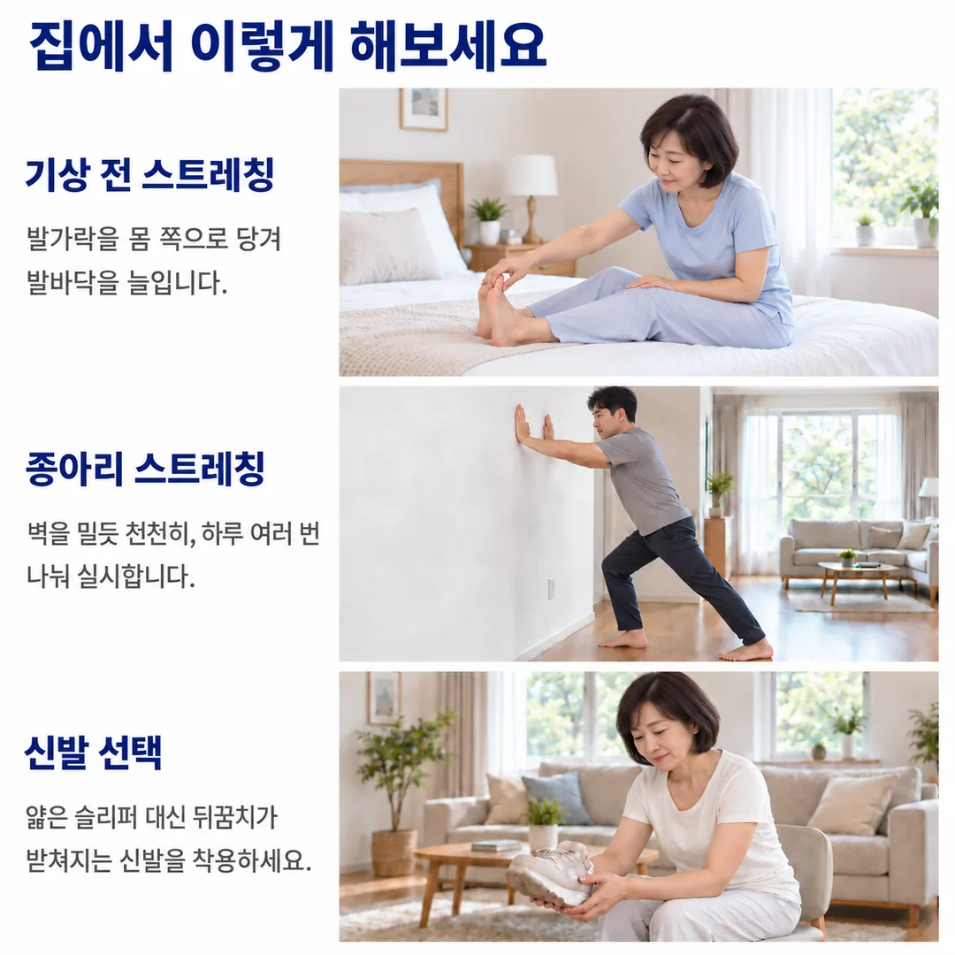 기상 전 침대에서 발가락을 당겨 발바닥을 늘이는 여성, 벽을 밀며 종아리를 늘이는 남성, 얇은 슬리퍼 대신 뒤꿈치가 받쳐지는 신발을 고르는 여성의 모습으로 집에서 할 수 있는 세 가지를 정리한 카드