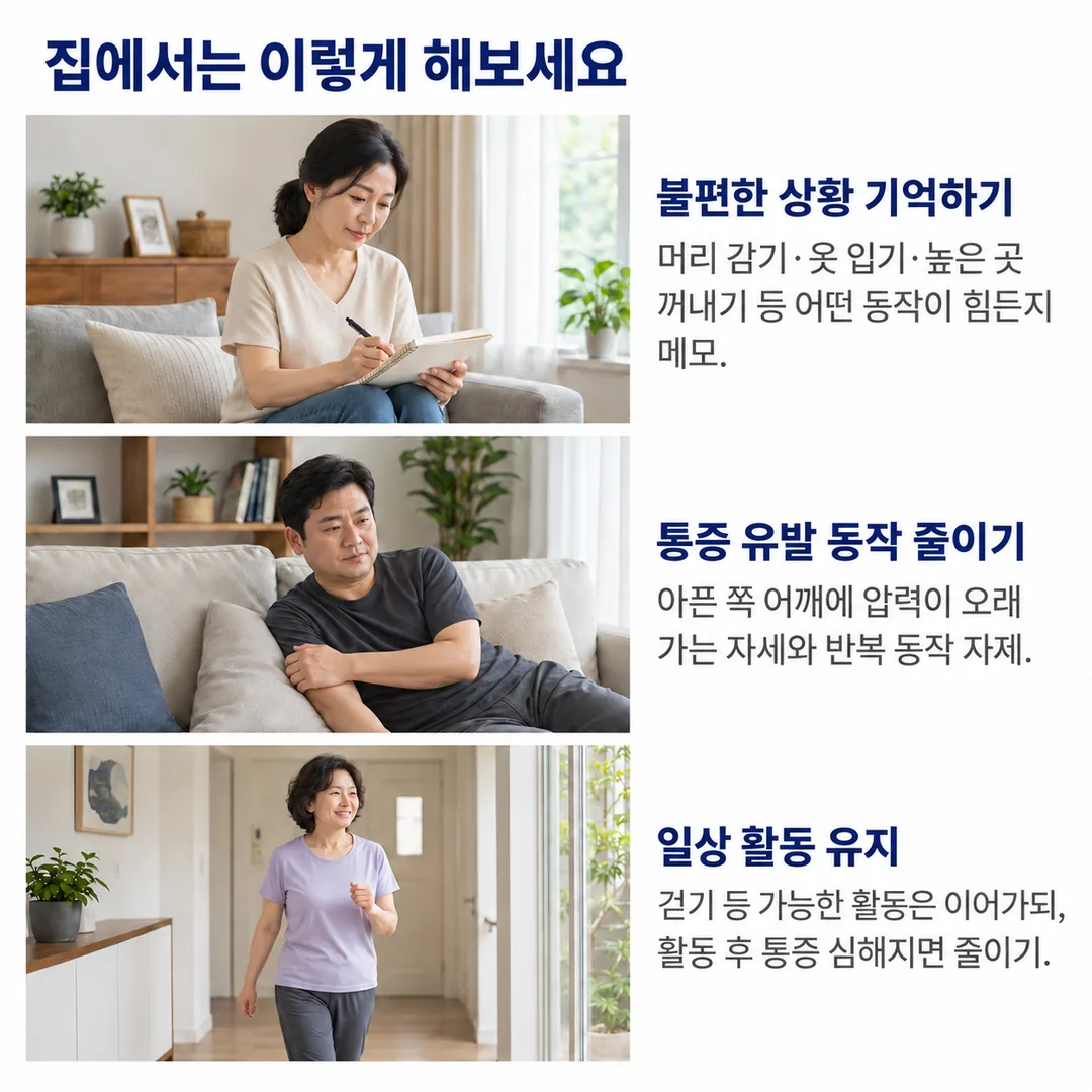 불편한 동작을 수첩에 메모하는 여성, 아픈 쪽 어깨에 압력이 오래 가는 자세를 피하는 남성, 걷기 같은 가벼운 활동을 이어가는 여성의 모습으로 집에서 할 수 있는 세 가지를 정리한 카드