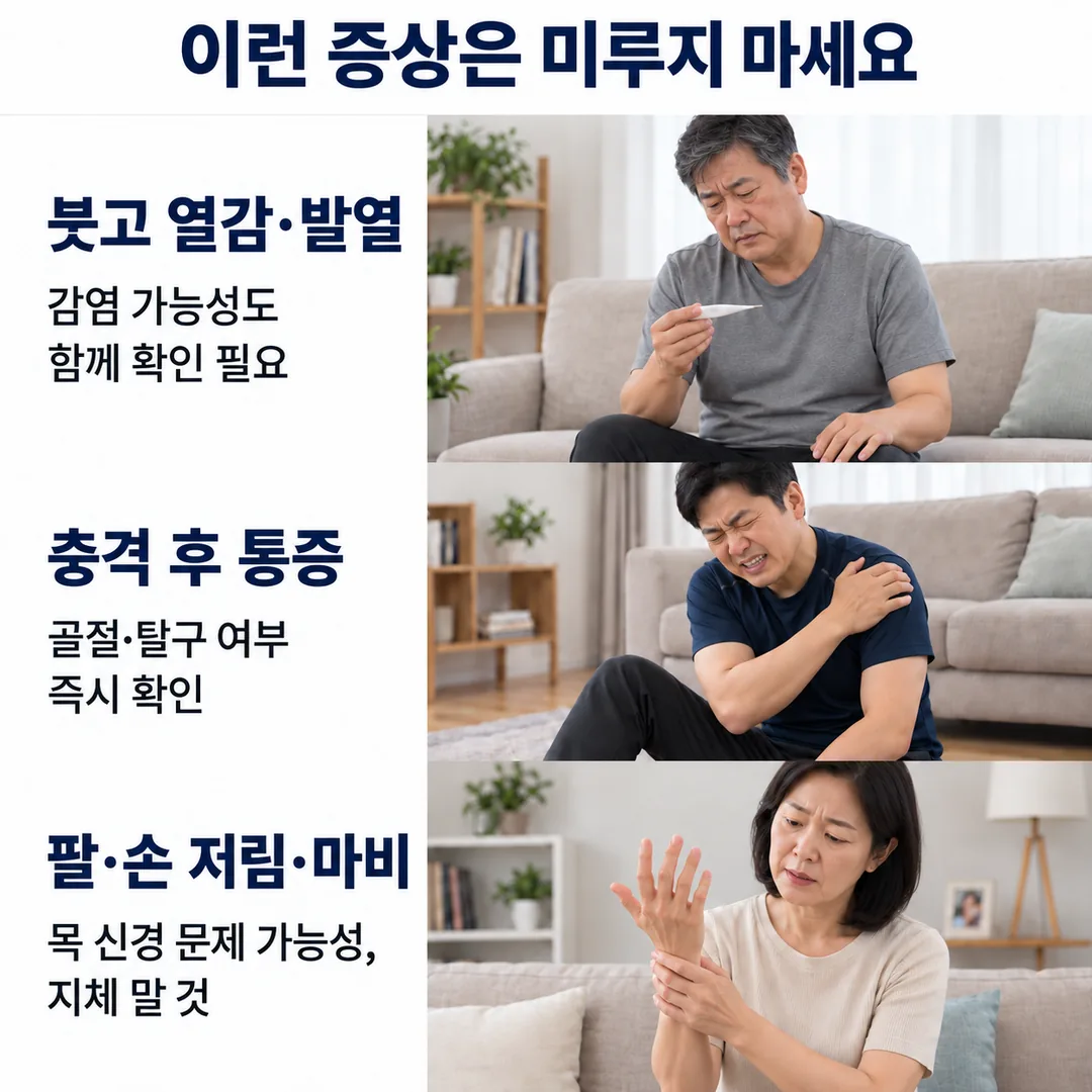어깨가 붓고 열이 나는 경우, 넘어지거나 부딪힌 뒤 통증이 시작된 경우, 팔·손의 힘 빠짐과 저림이 함께 나타나는 경우처럼 확인을 미루면 안 되는 세 가지 신호를 정리한 카드