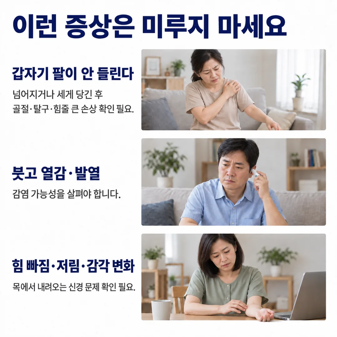 갑자기 팔이 들리지 않는 경우, 붓고 열감이 있으며 열이 나는 경우, 팔의 힘 빠짐과 저림 및 감각 변화가 있는 경우처럼 어깨 통증과 함께 확인을 미루면 안 되는 세 가지 신호를 정리한 카드
