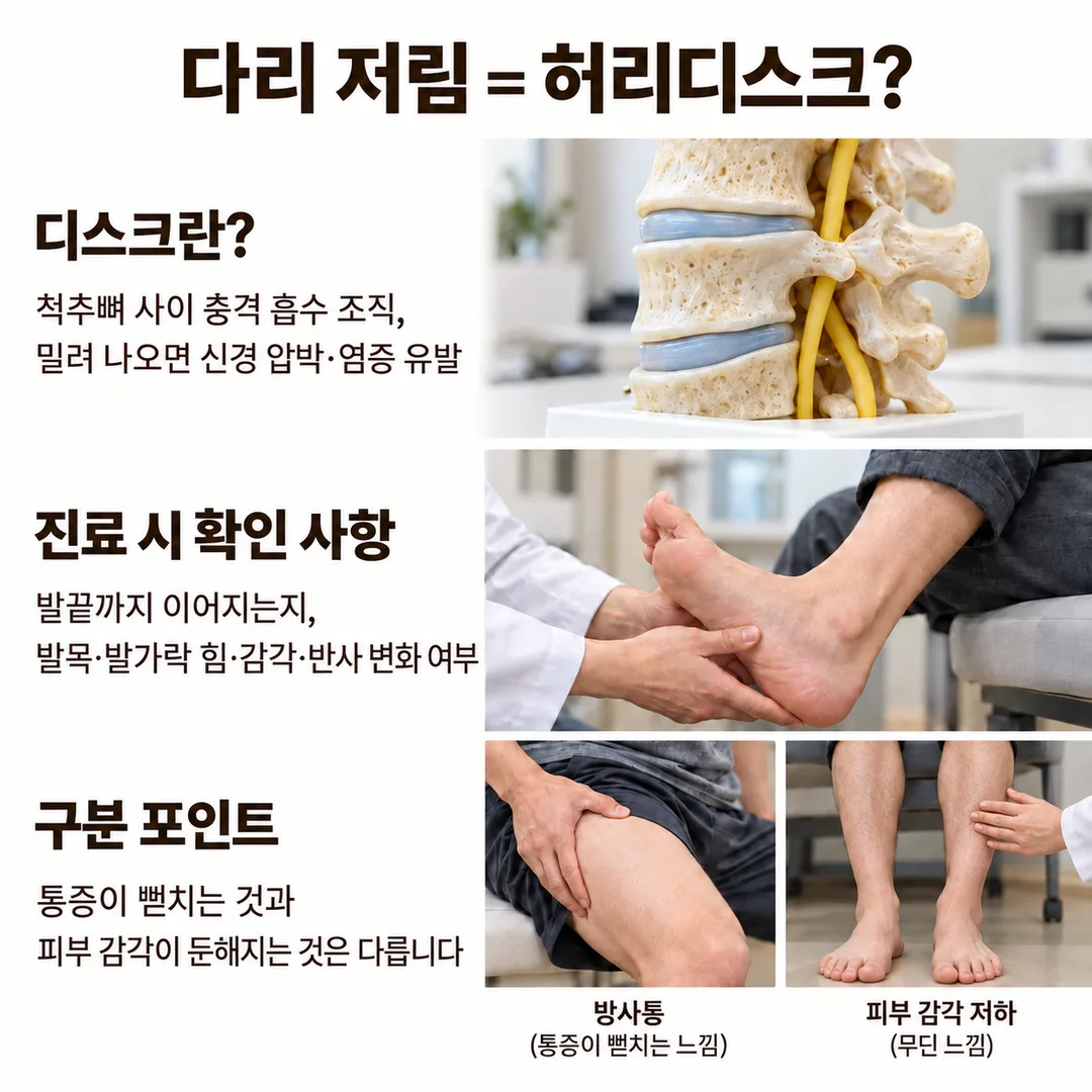 척추뼈 사이 디스크가 밀려 나와 신경을 압박하는 구조, 발목·발가락의 힘과 감각을 확인하는 진찰 장면, 통증이 뻗치는 방사통과 피부 감각이 둔해지는 것은 다르다는 구분 포인트를 정리한 카드
