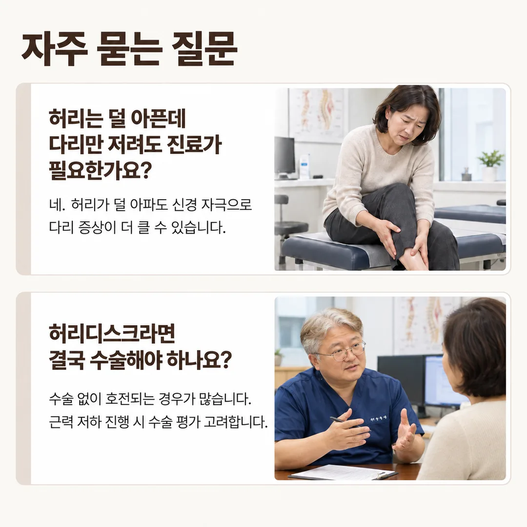 허리가 덜 아픈데 다리만 저려도 진료가 필요한지, 허리디스크라면 결국 수술해야 하는지를 다룬 자주 묻는 질문 카드